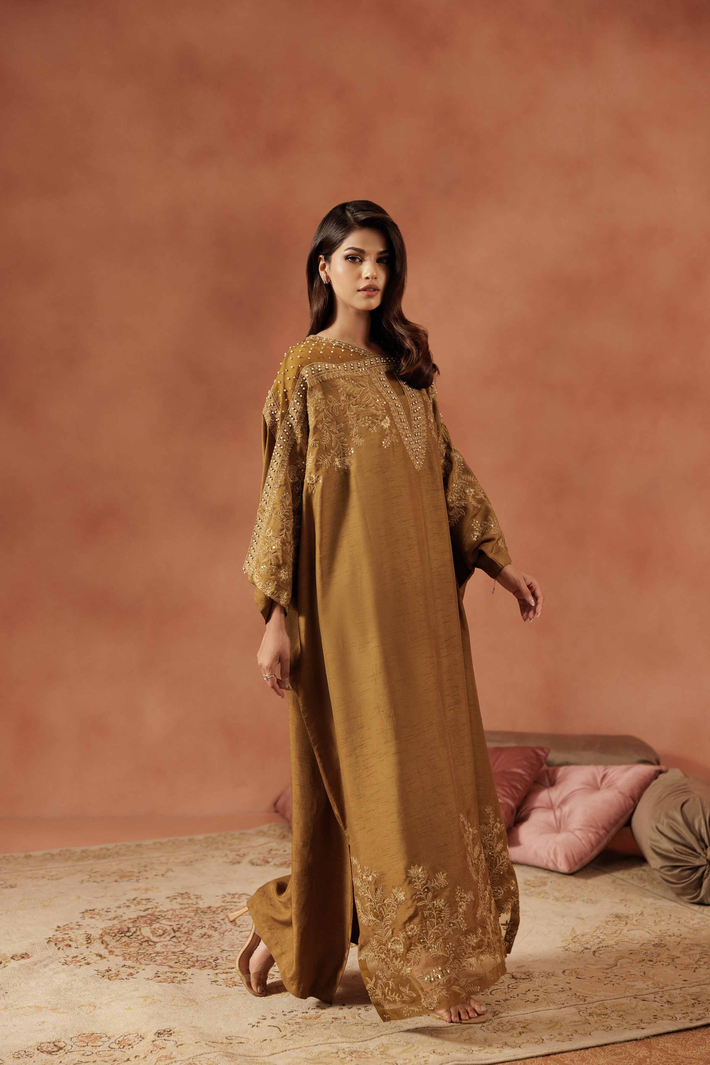 NISHATUAE - Yellow Embroidered Silk Ready to wear Jalabiya