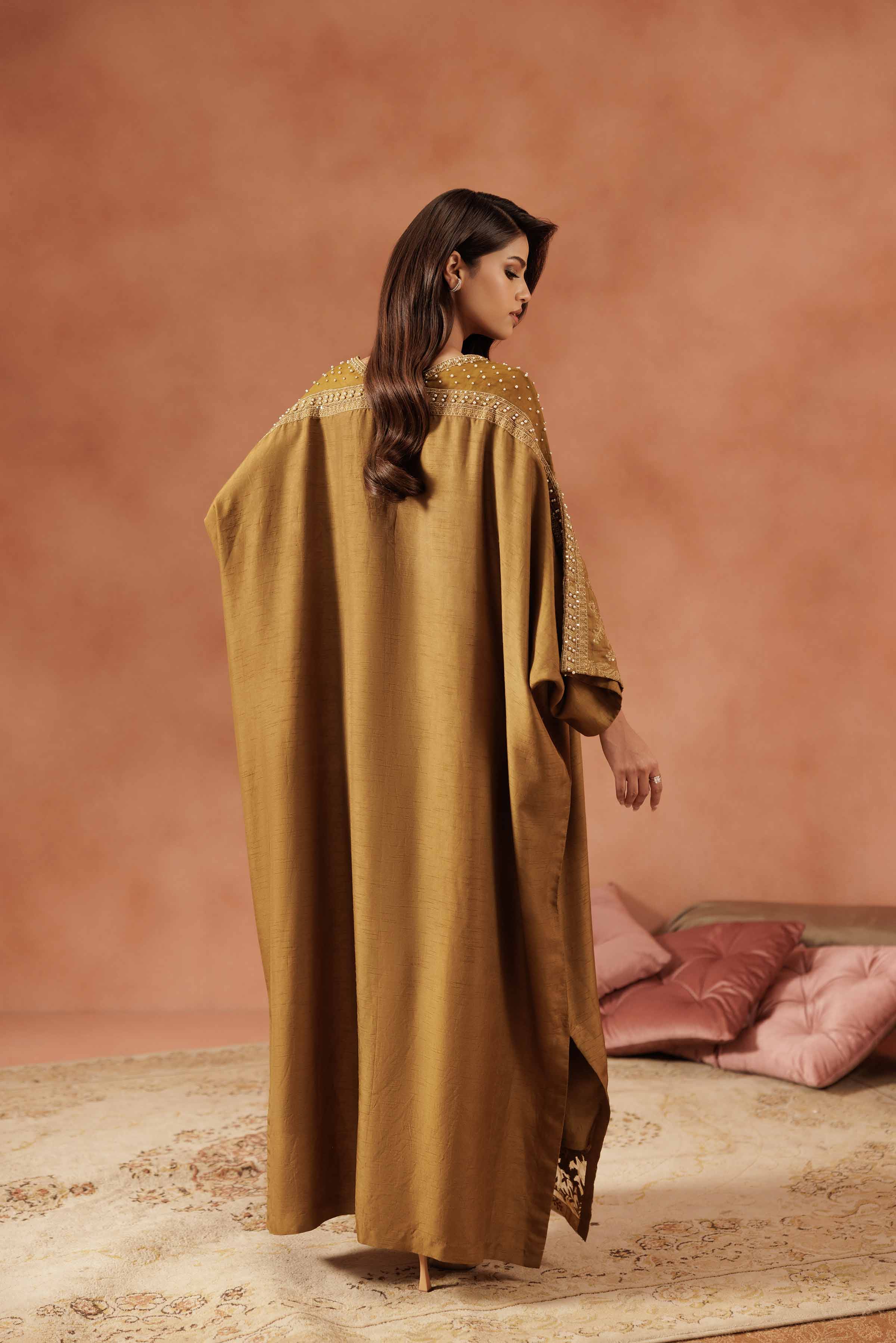 NISHATUAE - Yellow Embroidered Silk Ready to wear Jalabiya