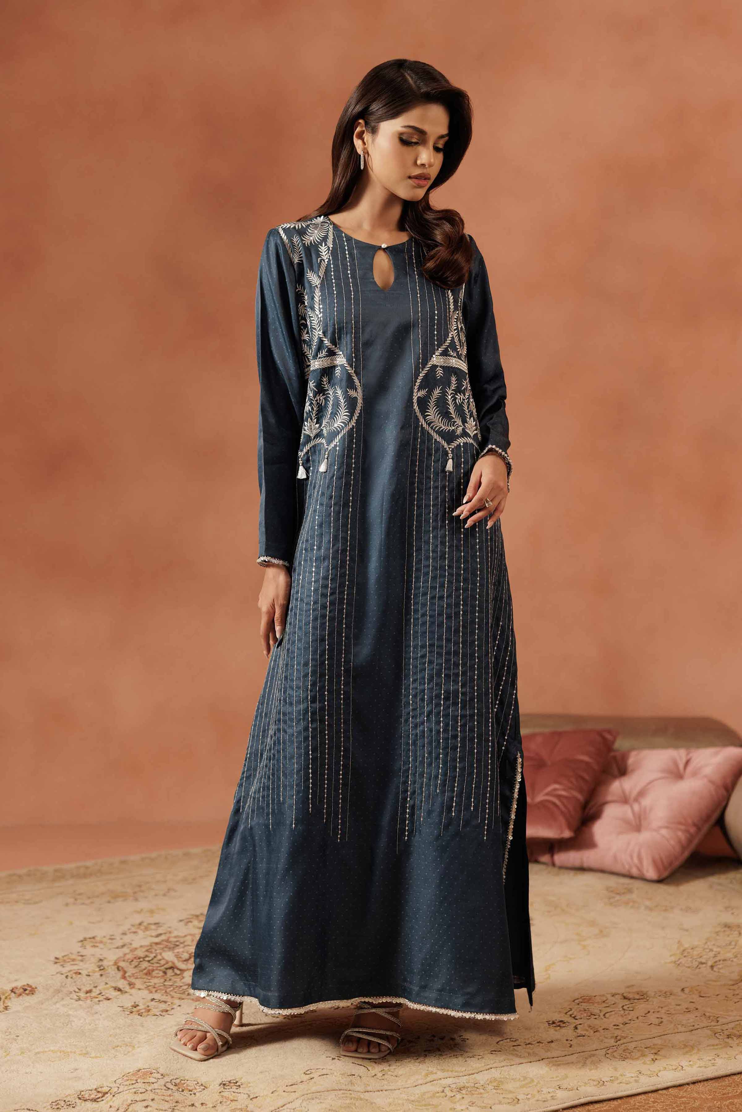 NISHATUAE - Blue Embroidered Tissue Ready to wear Shirt