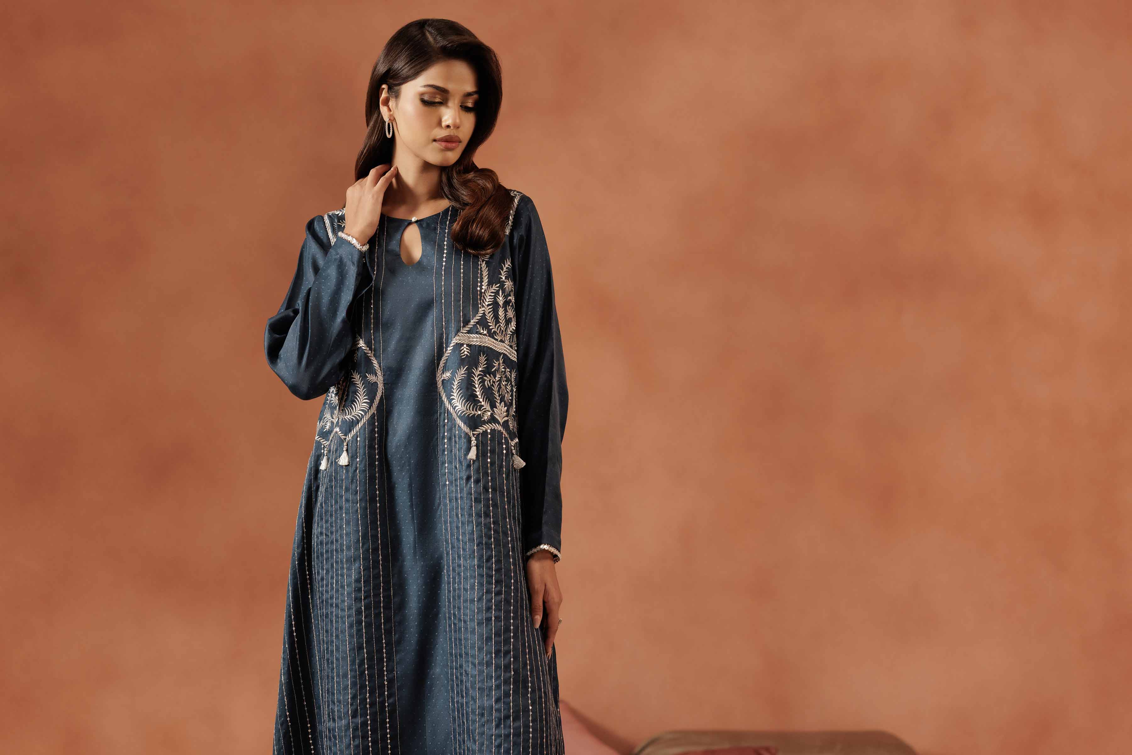 NISHATUAE - Blue Embroidered Tissue Ready to wear Shirt