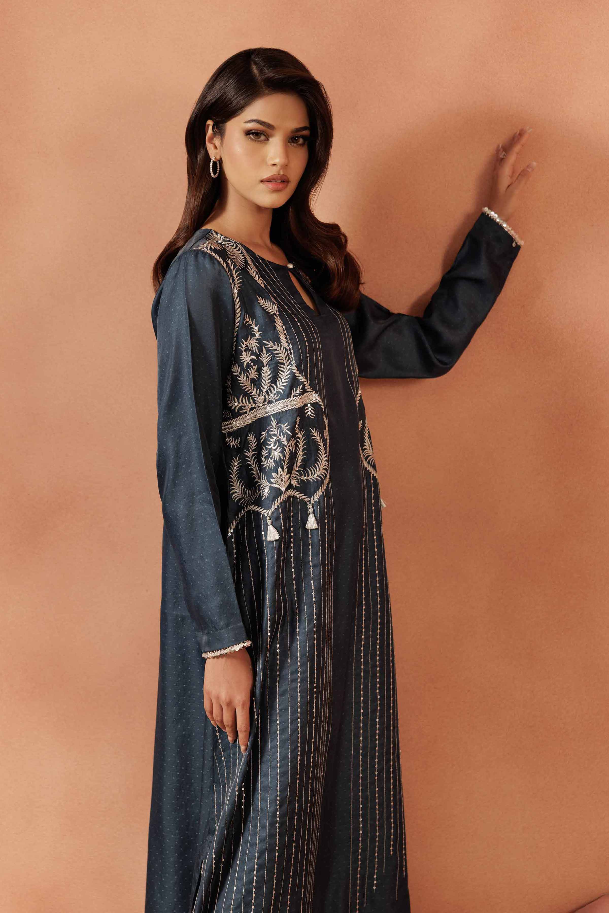 NISHATUAE - Blue Embroidered Tissue Ready to wear Shirt
