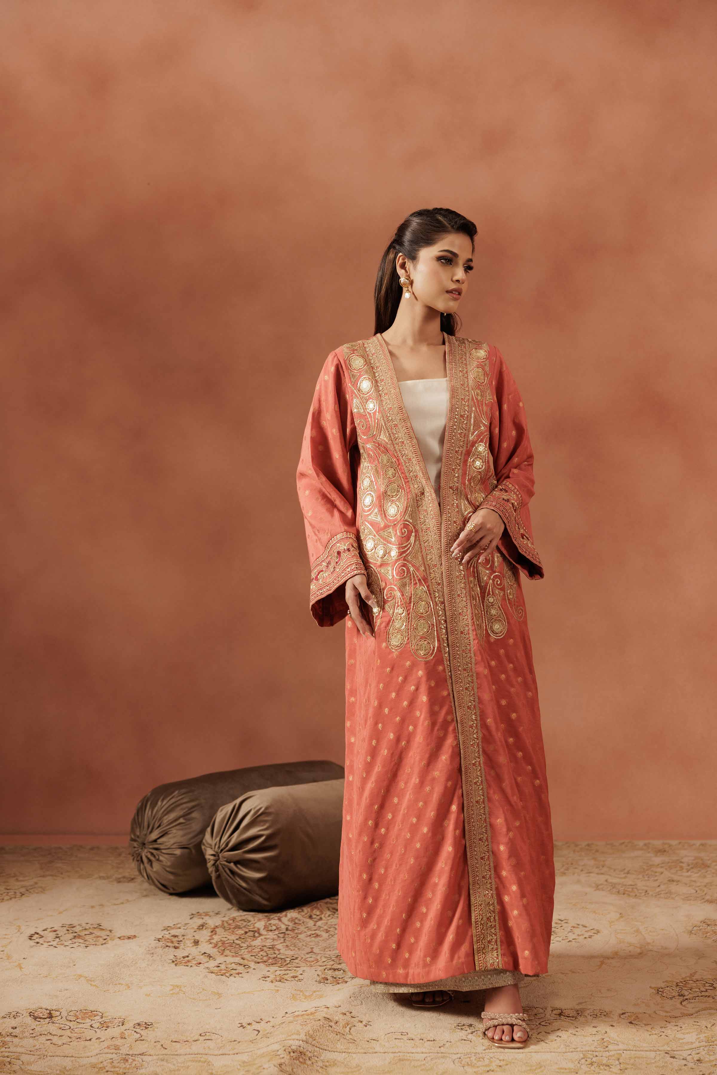 NISHATUAE - Orange Embroidered Jacquard Ready to wear Gown
