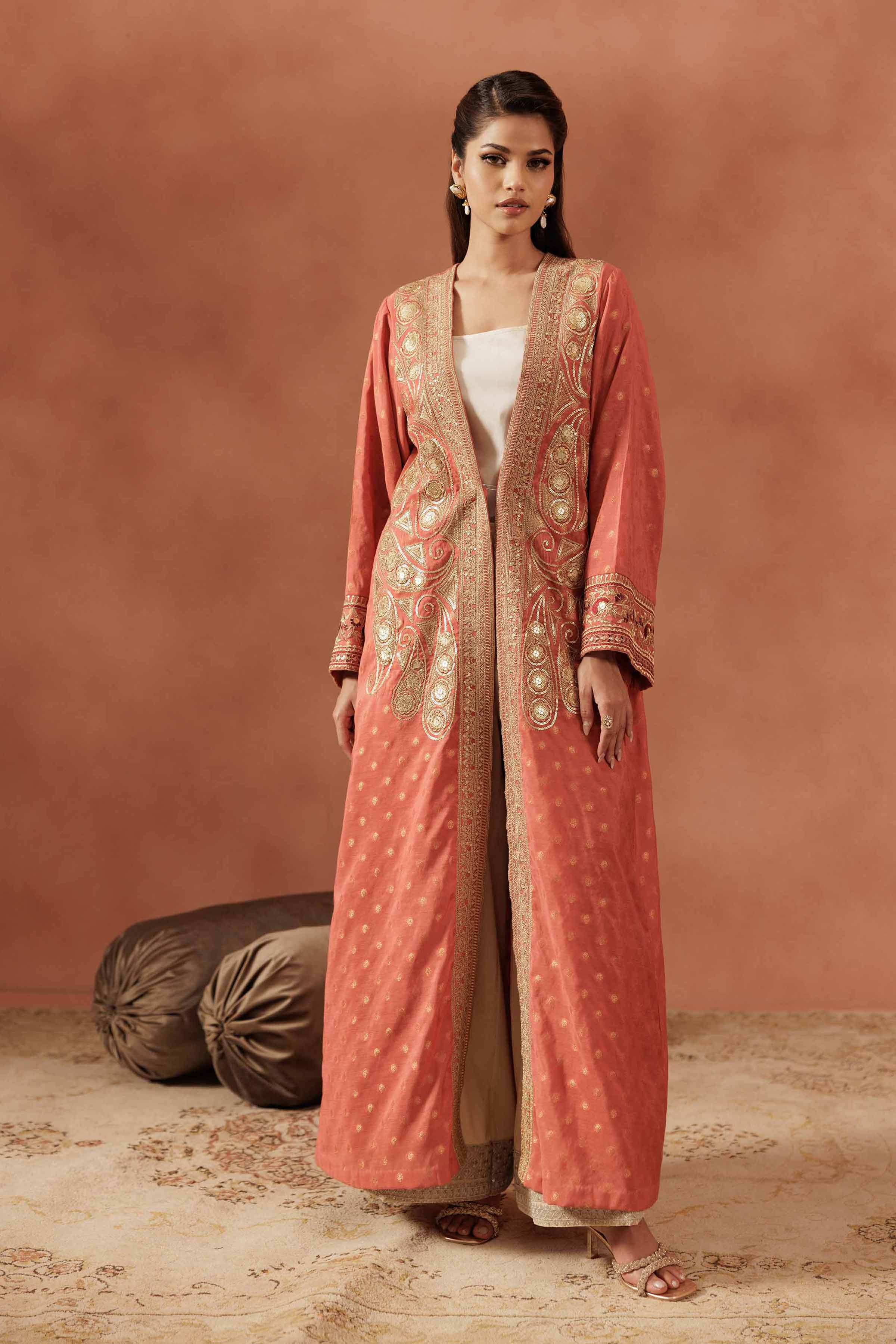 NISHATUAE - Orange Embroidered Jacquard Ready to wear Gown