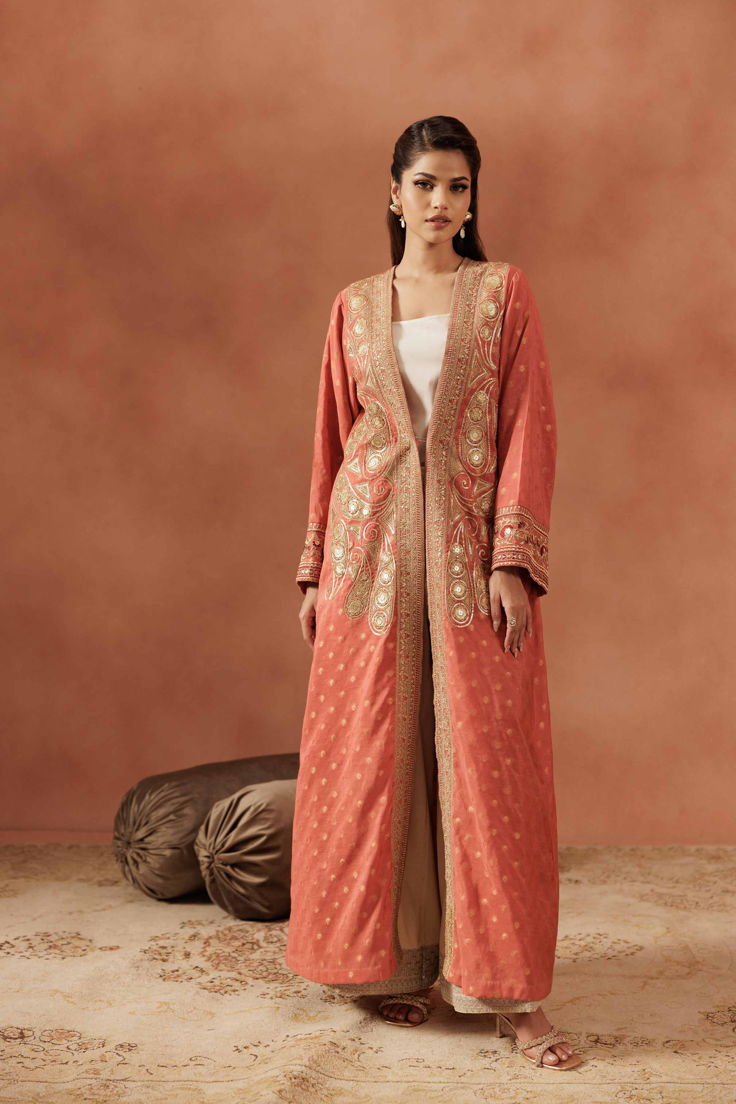 NISHATUAE - Orange Embroidered Jacquard Ready to wear Gown