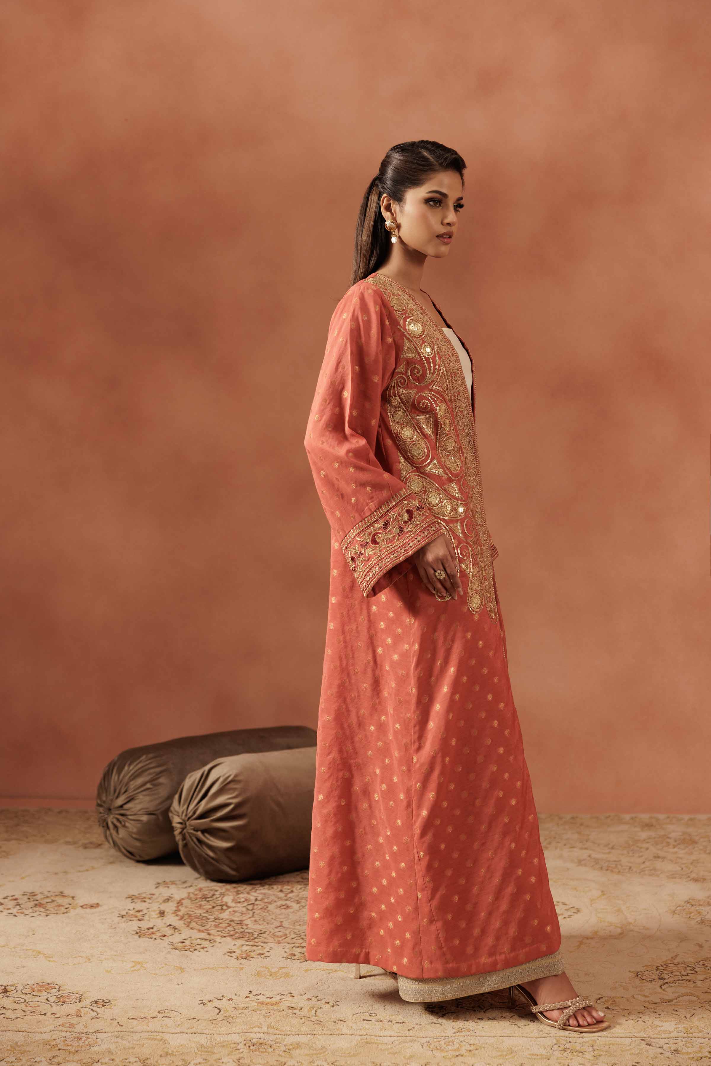 NISHATUAE - Orange Embroidered Jacquard Ready to wear Gown