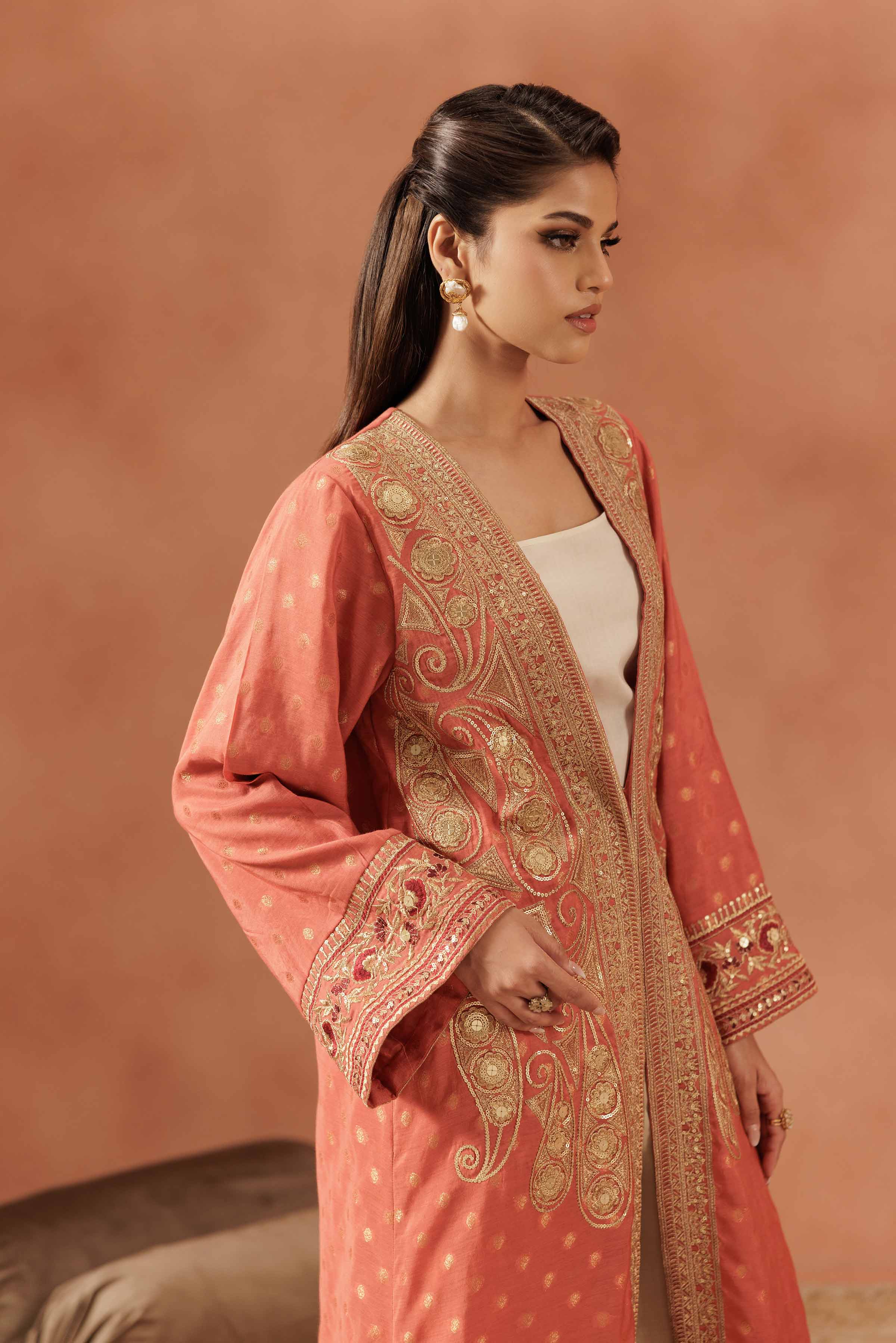 NISHATUAE - Orange Embroidered Jacquard Ready to wear Gown
