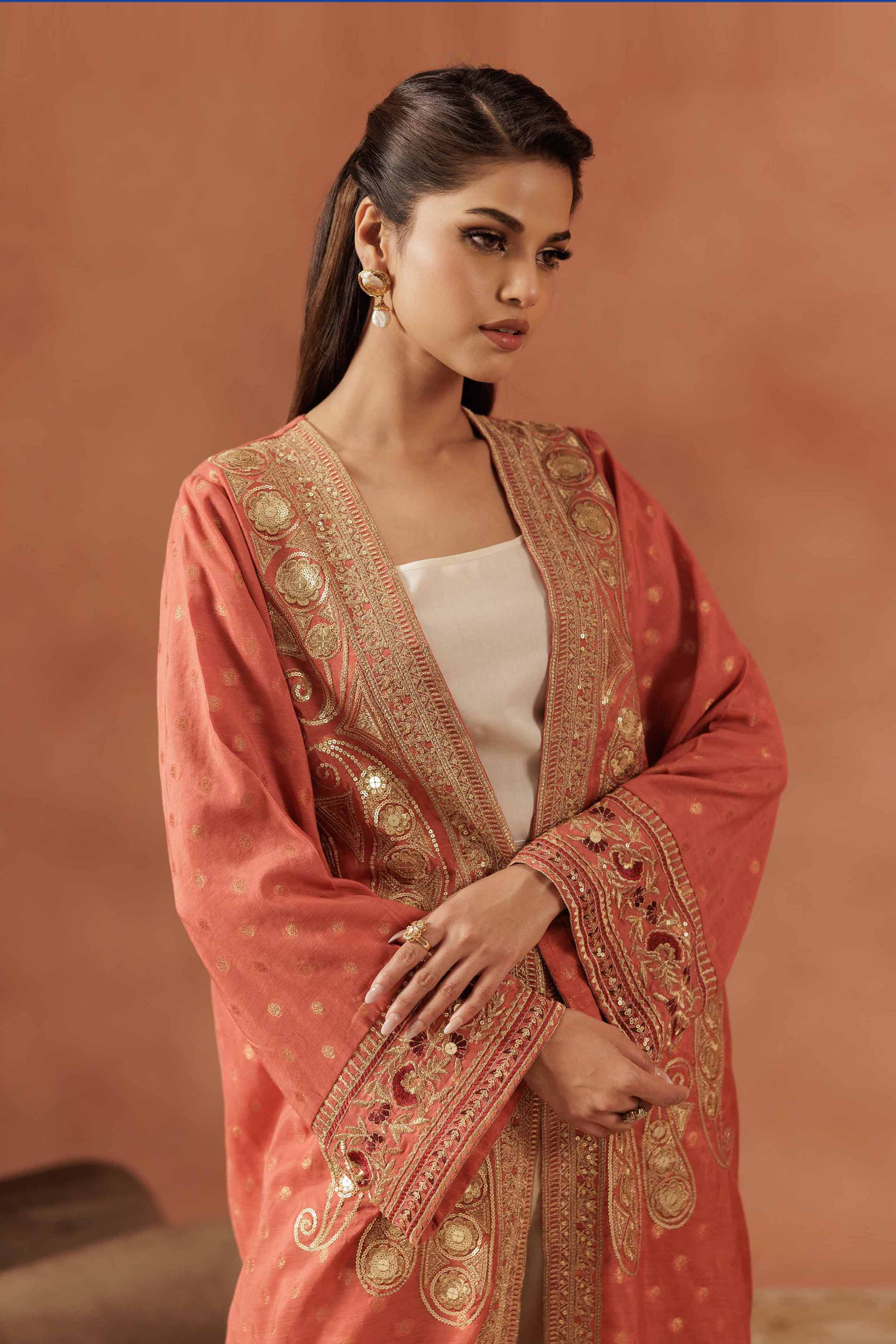 NISHATUAE - Orange Embroidered Jacquard Ready to wear Gown