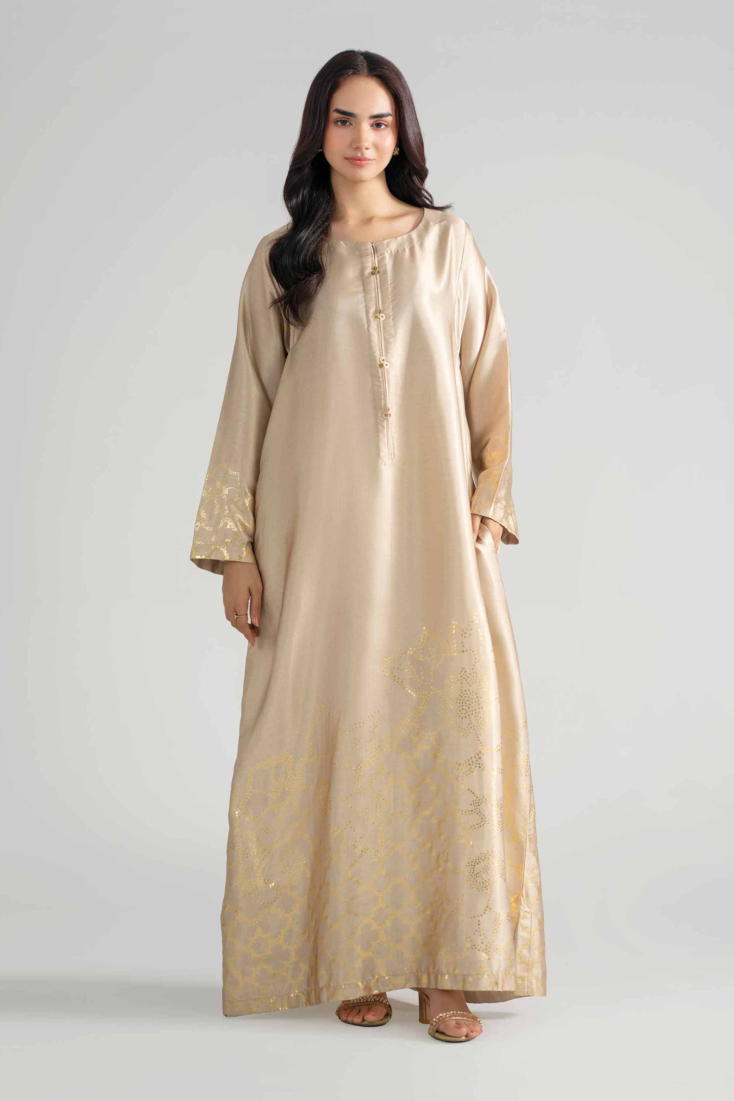 Printed Dress - FE26-123 Beige Silk 1PC Printed