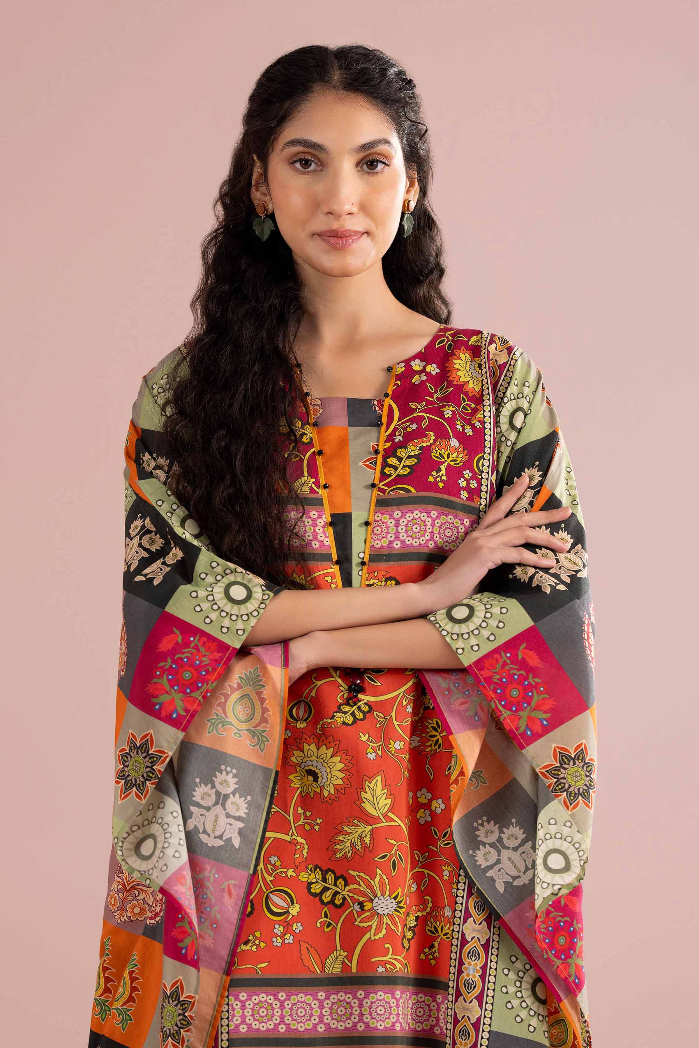 Printed Embroidered Kaftan - FE26-65 Multi Silk 1PC Embroidered READY TO WEAR