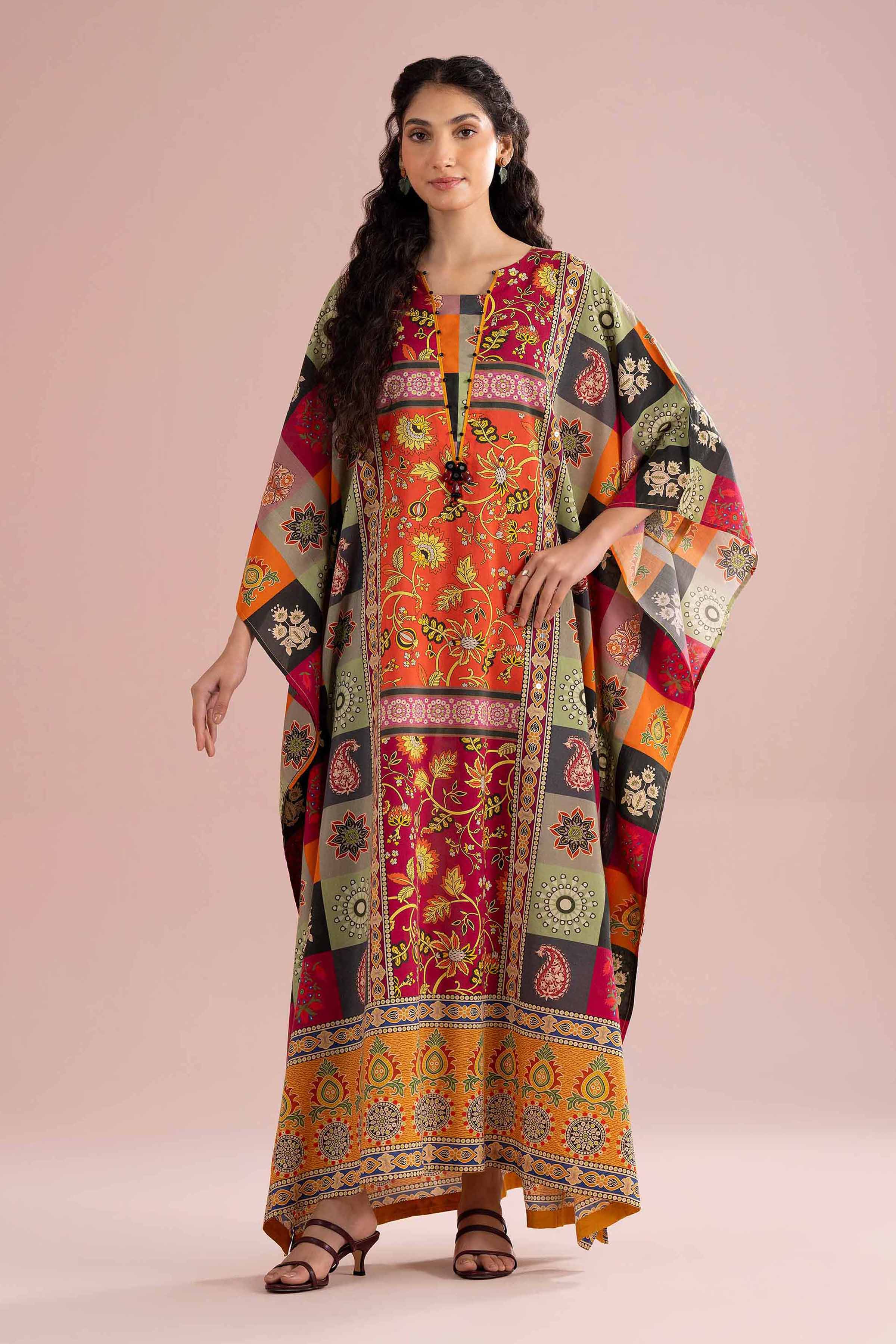Printed Embroidered Kaftan - FE26-65 Multi Silk 1PC Embroidered READY TO WEAR