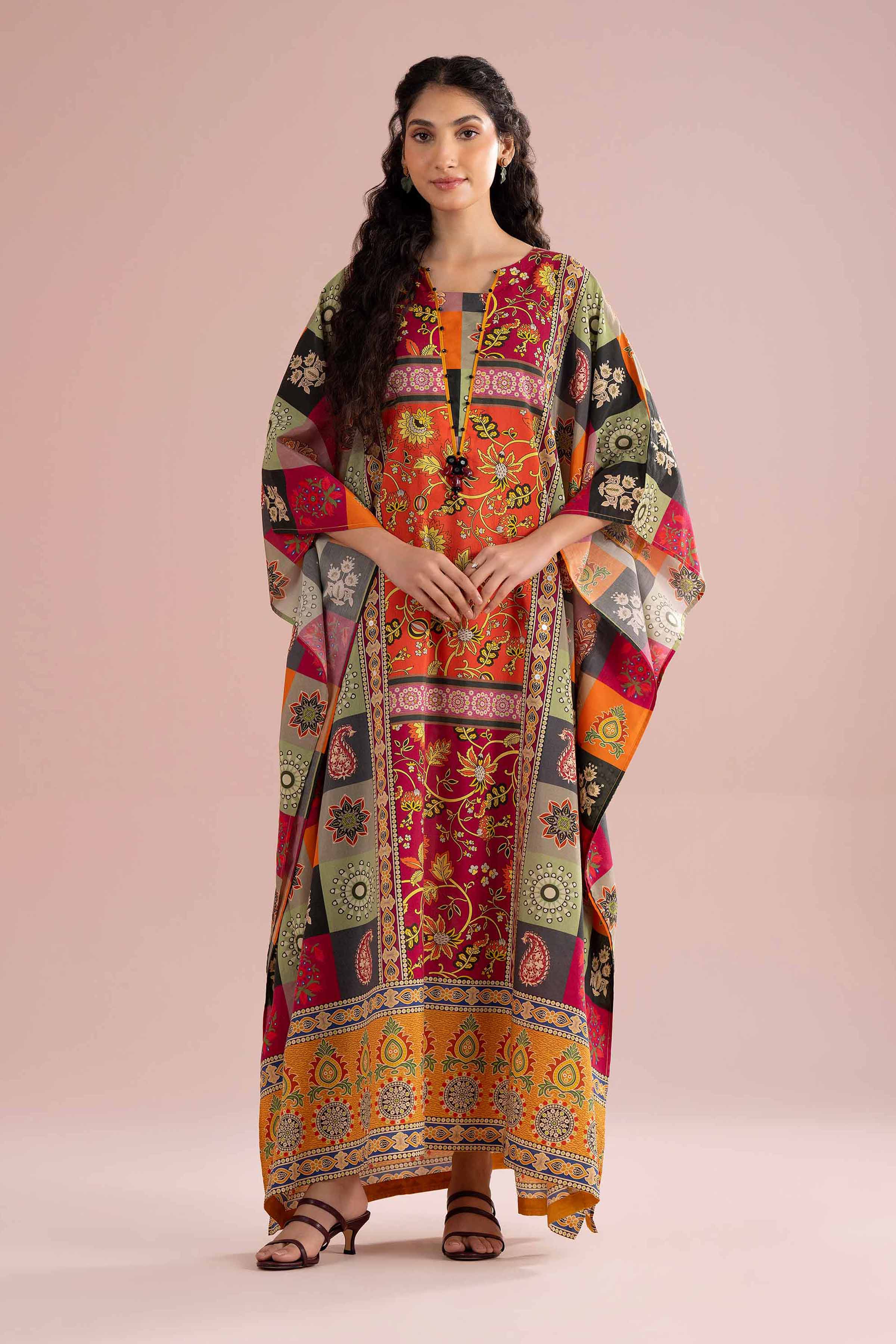 Printed Embroidered Kaftan - FE26-65 Multi Silk 1PC Embroidered READY TO WEAR