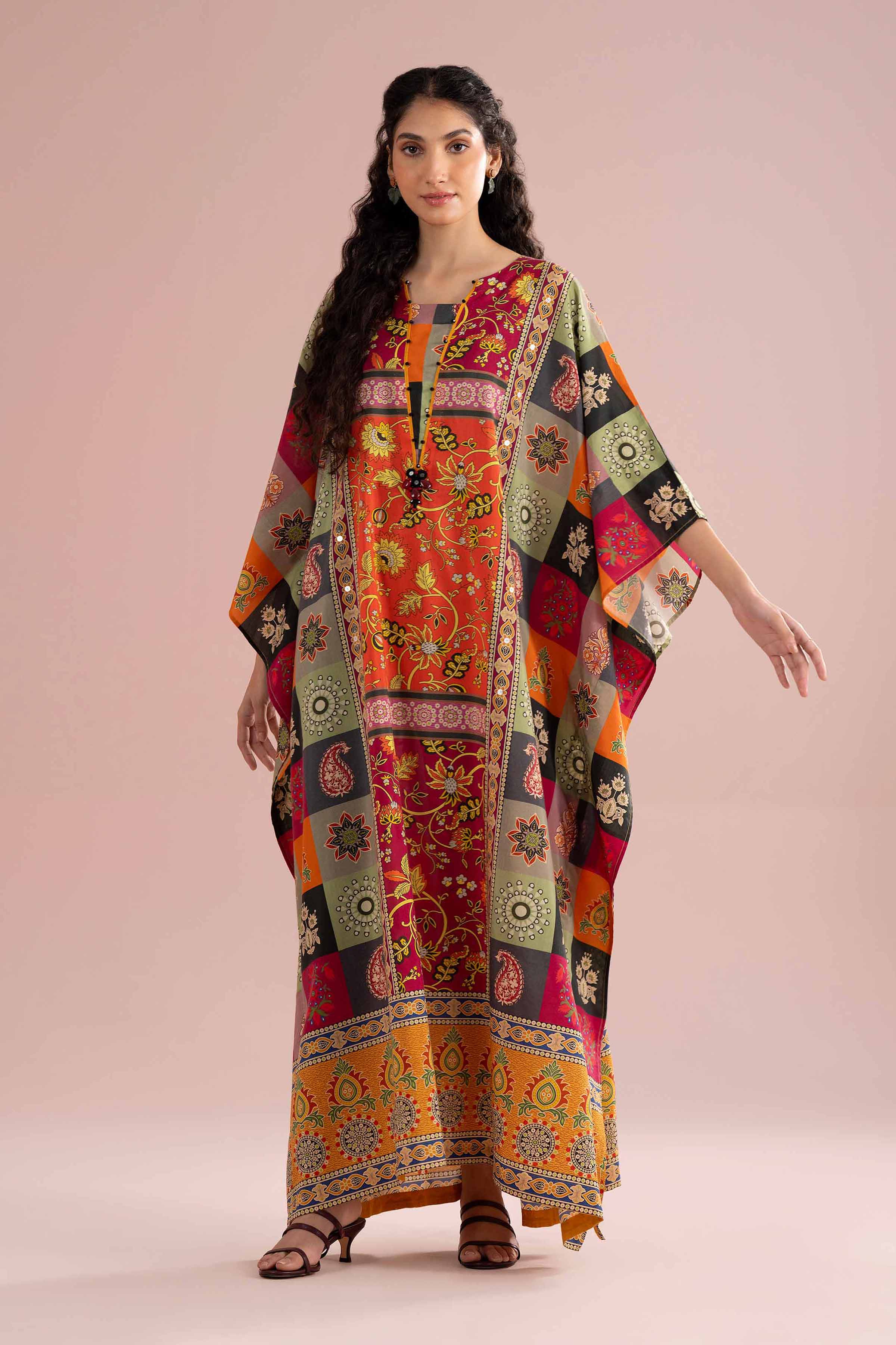 Printed Embroidered Kaftan - FE26-65 Multi Silk 1PC Embroidered READY TO WEAR