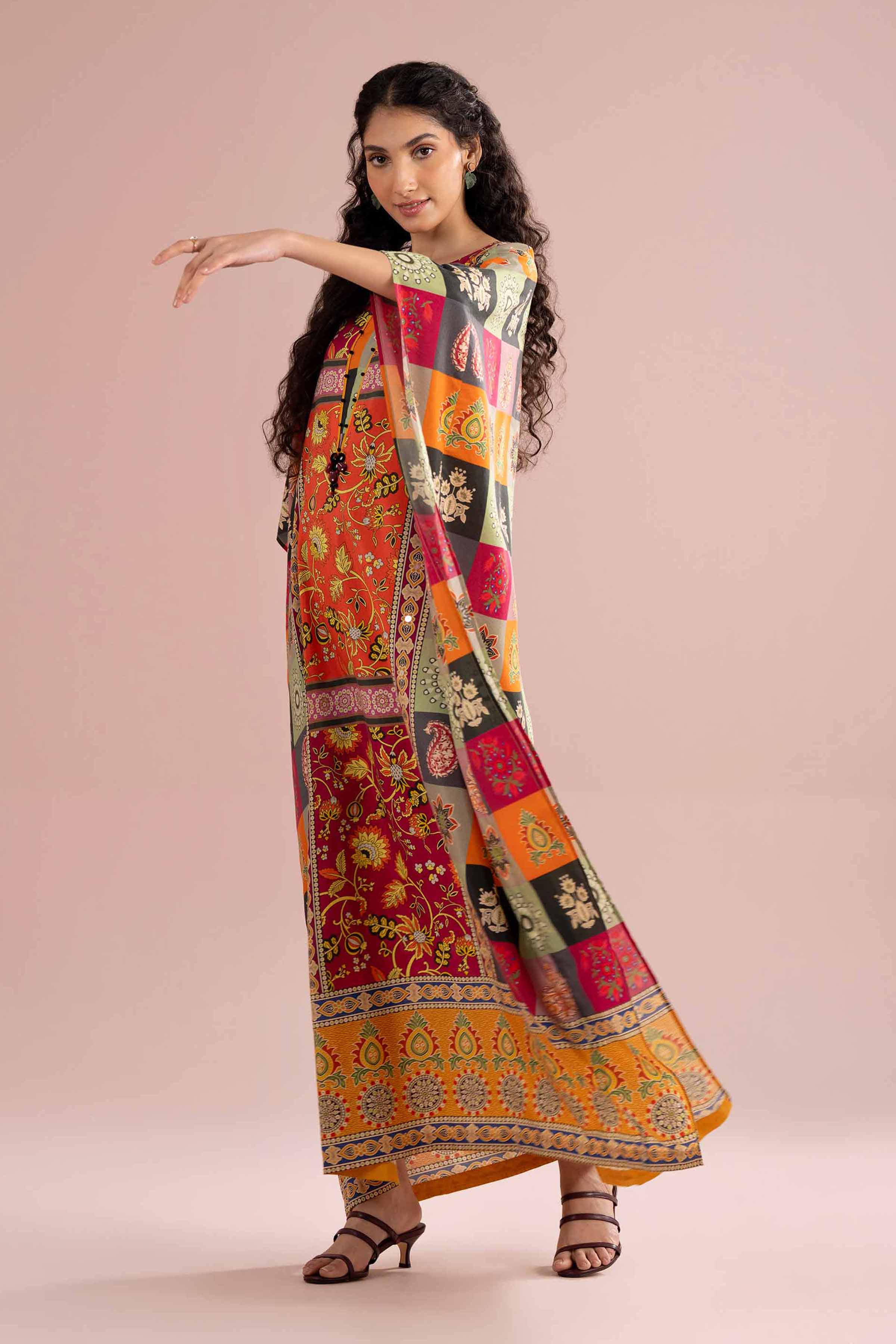 Printed Embroidered Kaftan - FE26-65 Multi Silk 1PC Embroidered READY TO WEAR