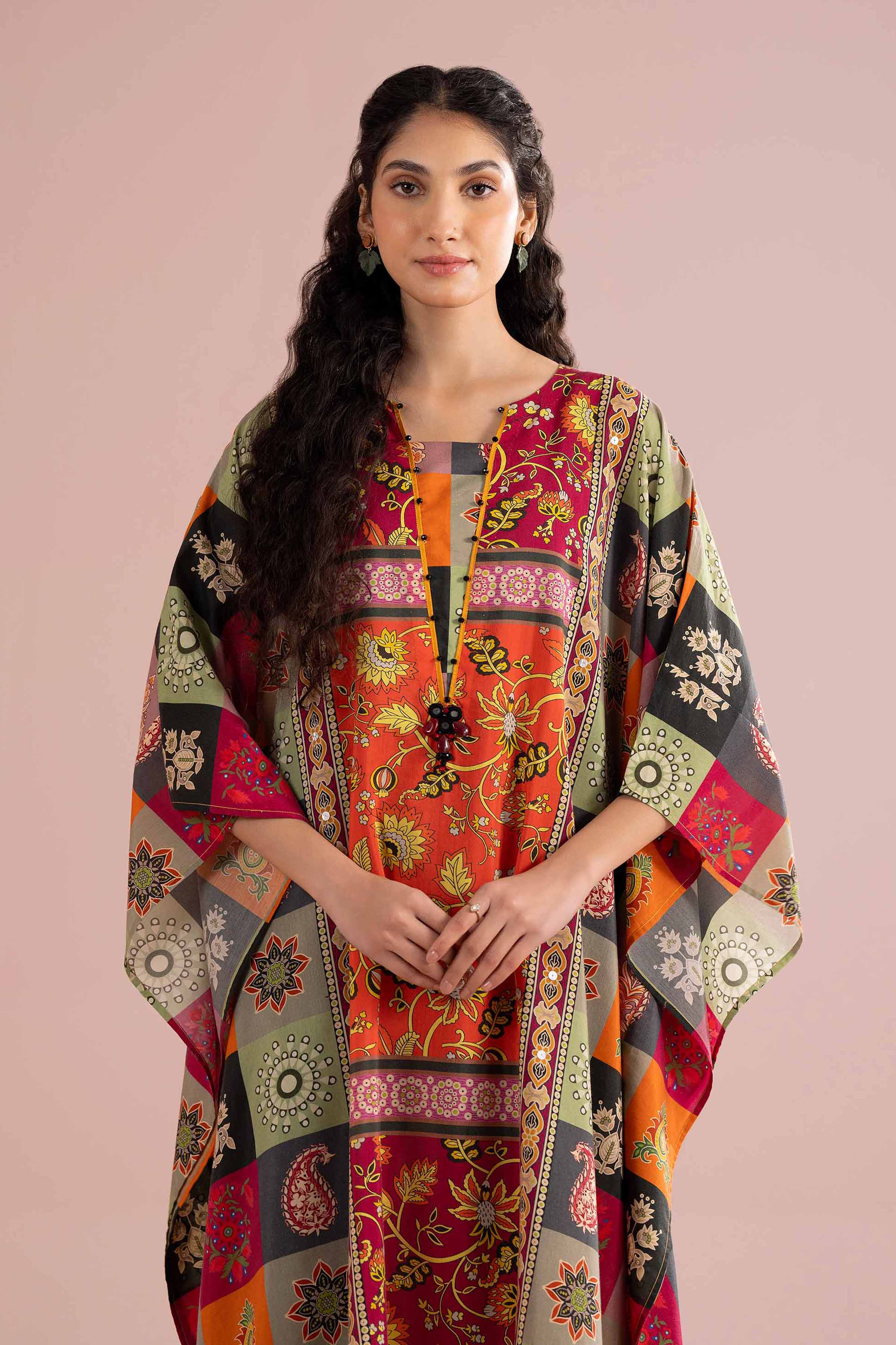 Printed Embroidered Kaftan - FE26-65 Multi Silk 1PC Embroidered READY TO WEAR
