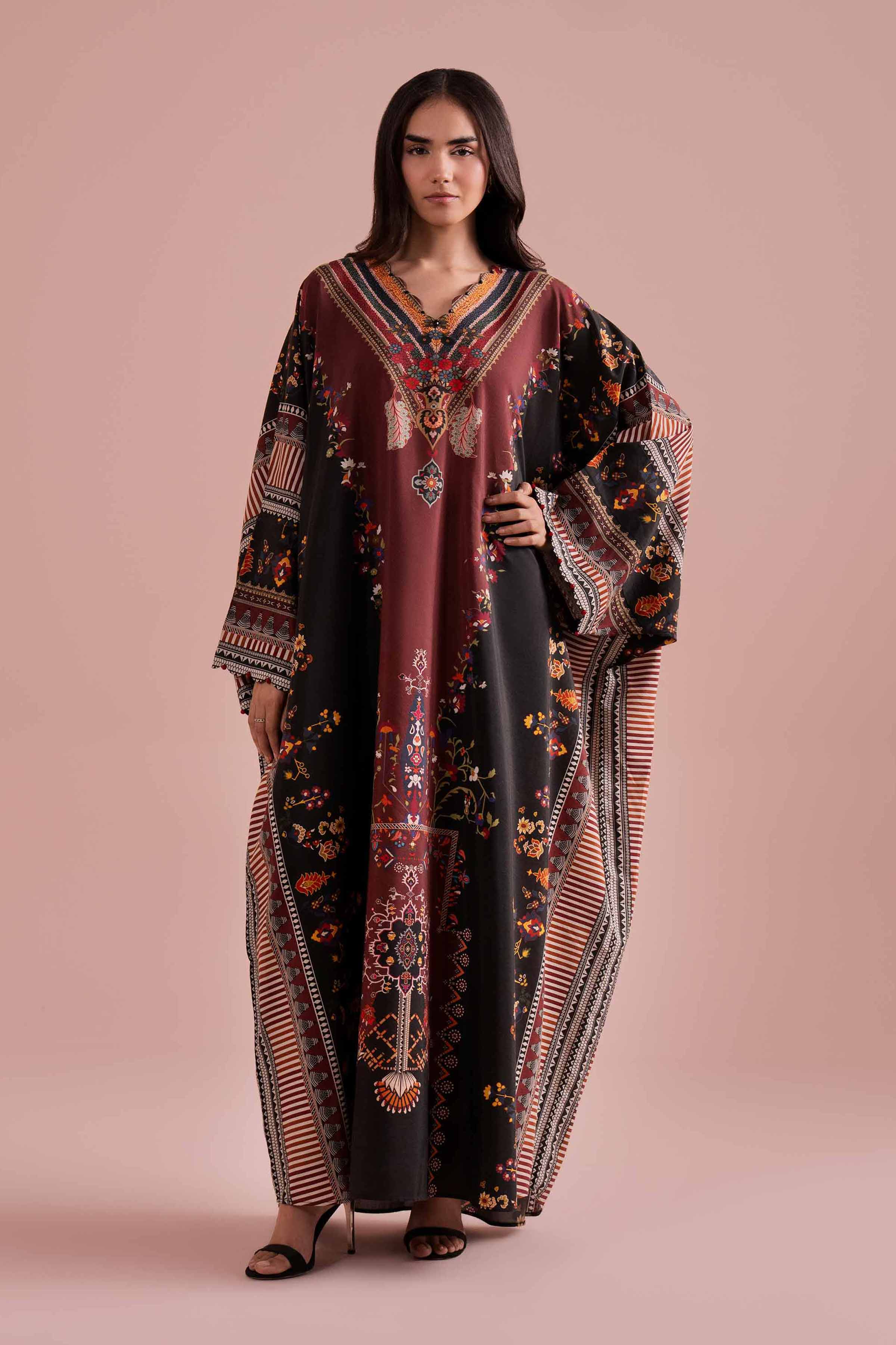 Printed Dress - FE26-67 Black Silk 1PC Printed READY TO WEAR