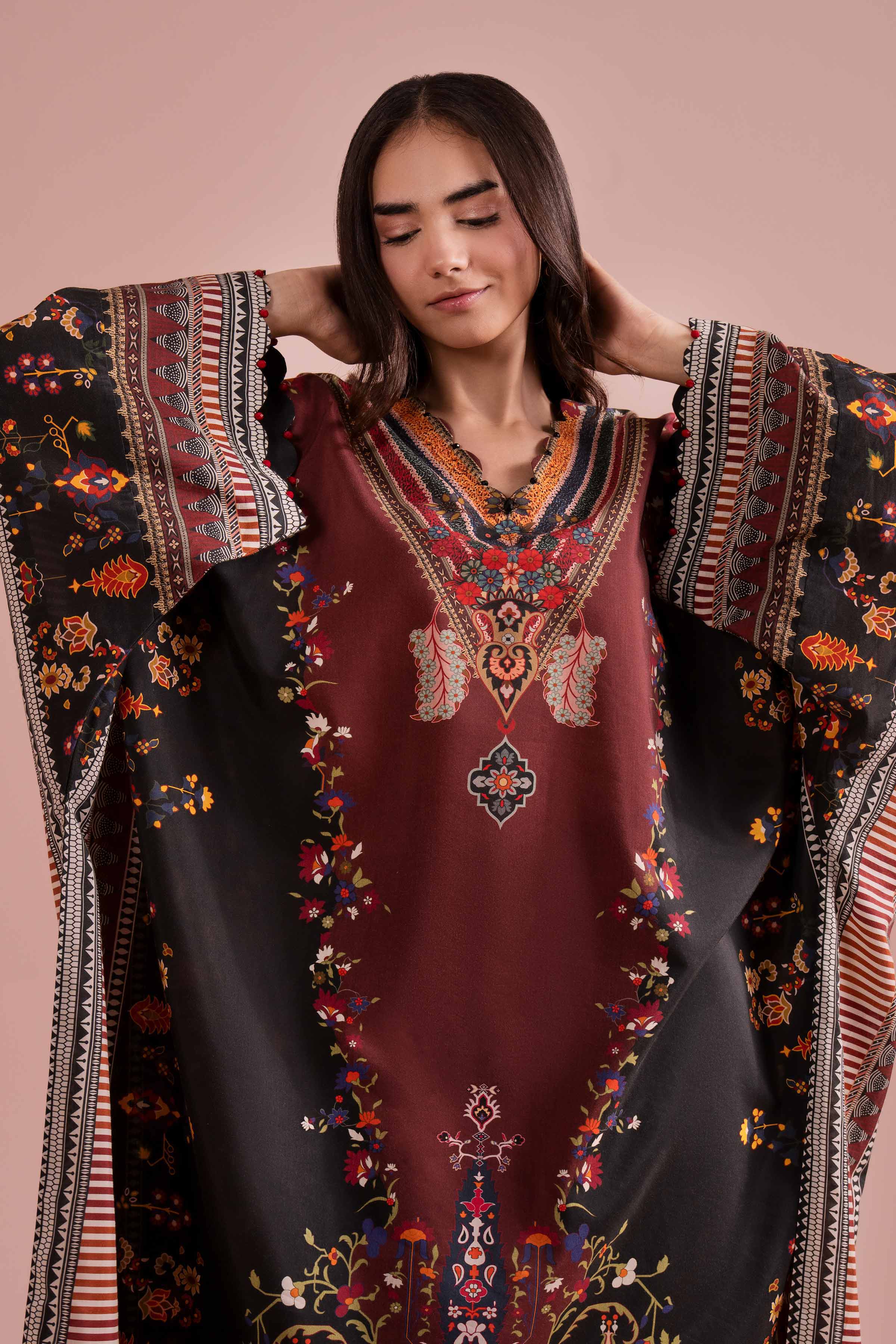 Printed Dress - FE26-67 Black Silk 1PC Printed READY TO WEAR