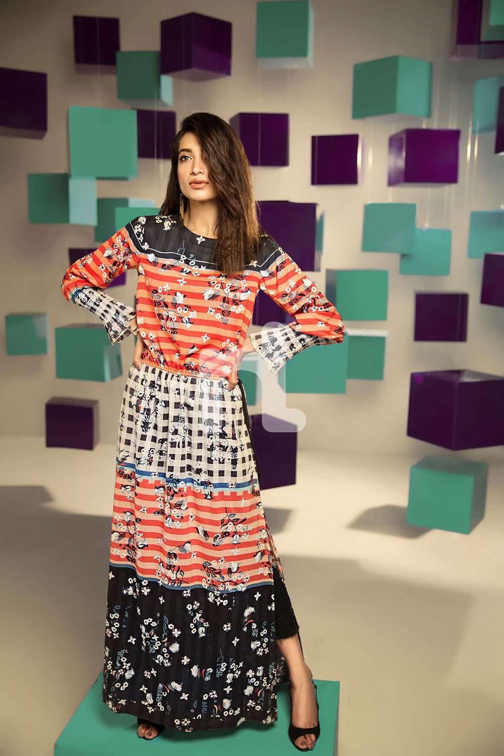 Nishat Linen UAE - FS19-25 Orange Digital Printed Stitched Micro Modal Fusion Dress - 1PC