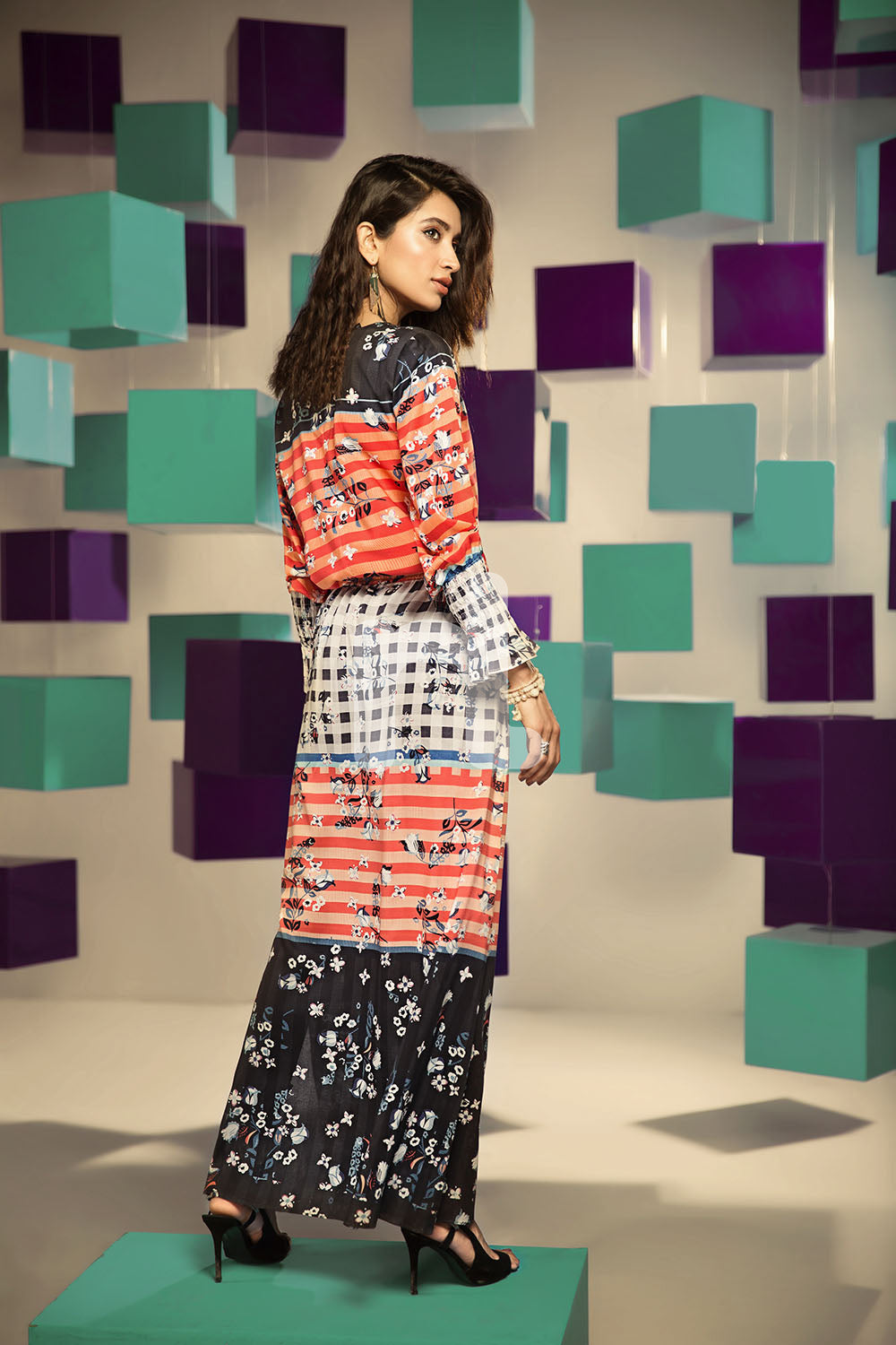 Nishat Linen UAE - FS19-25 Orange Digital Printed Stitched Micro Modal Fusion Dress - 1PC