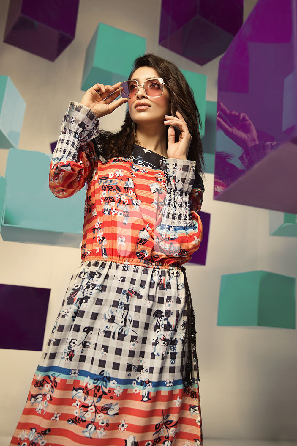 Nishat Linen UAE - FS19-25 Orange Digital Printed Stitched Micro Modal Fusion Dress - 1PC