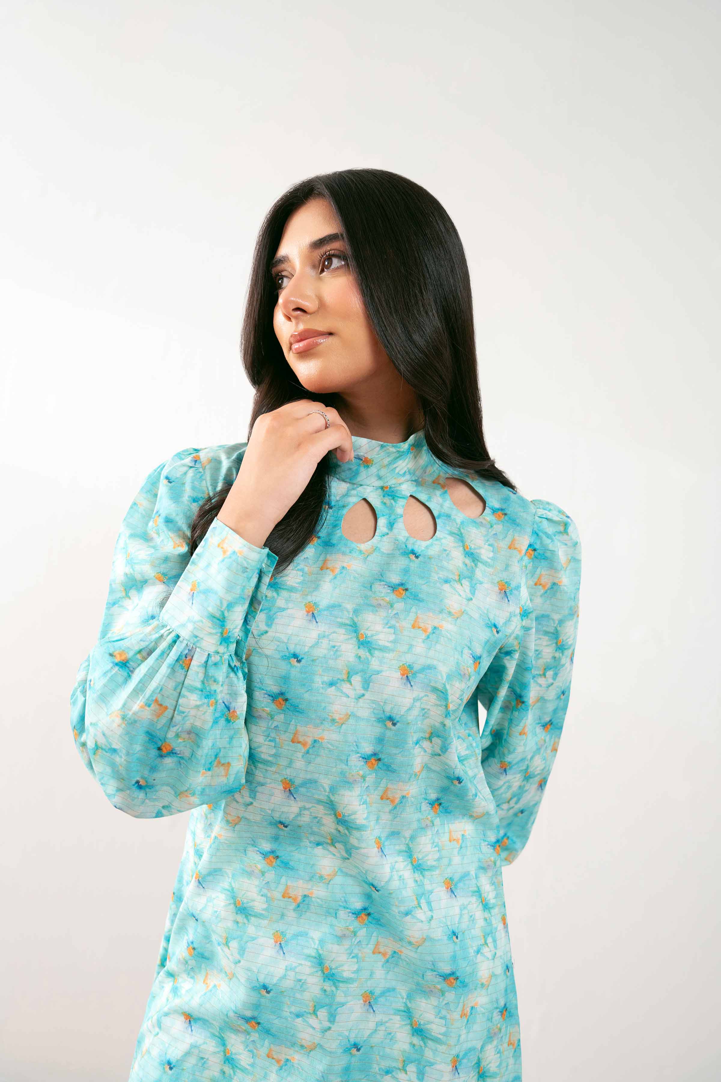 NISHATUAE - Blue Printed Lawn Ready to wear Jalabiya
