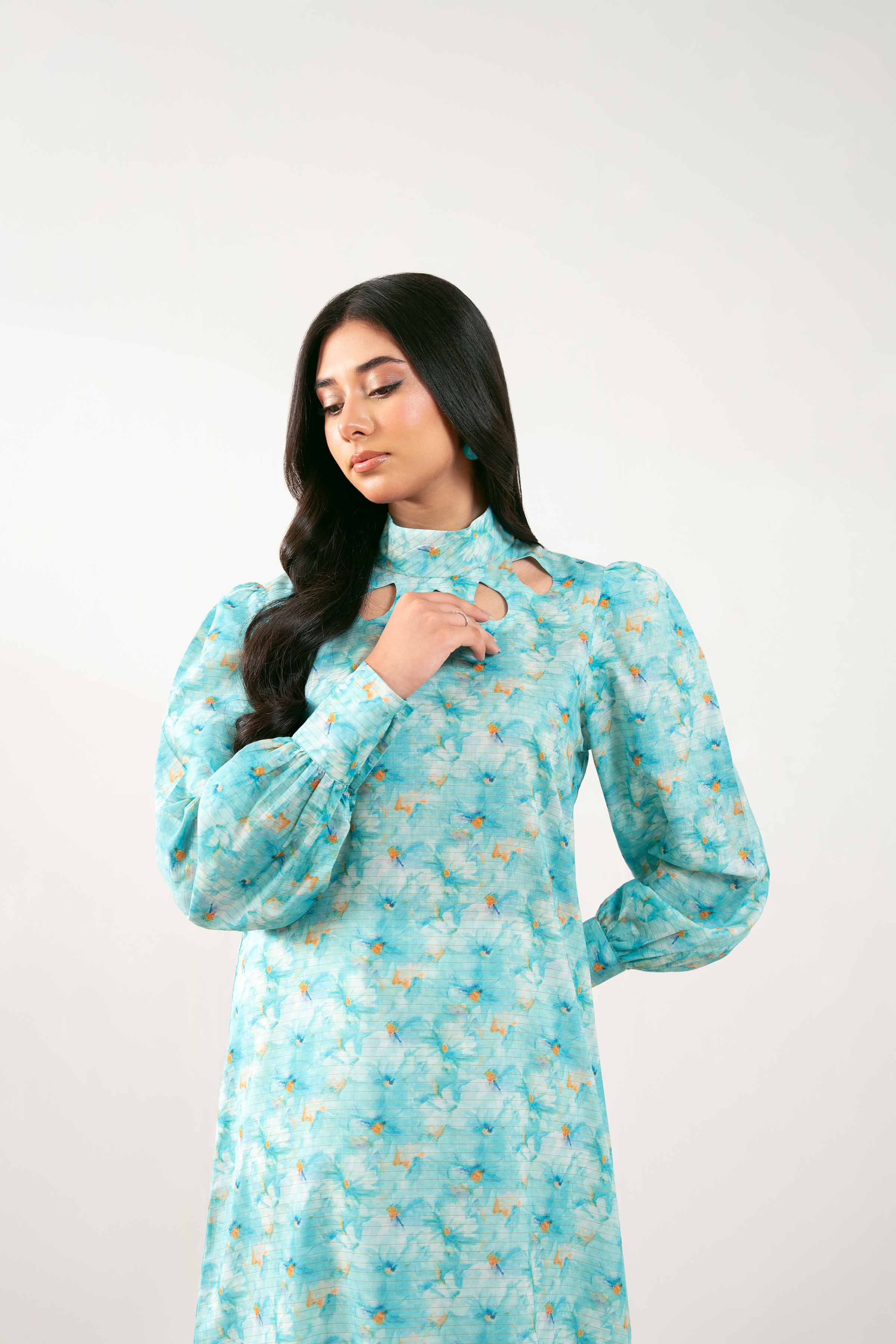 NISHATUAE - Blue Printed Lawn Ready to wear Jalabiya