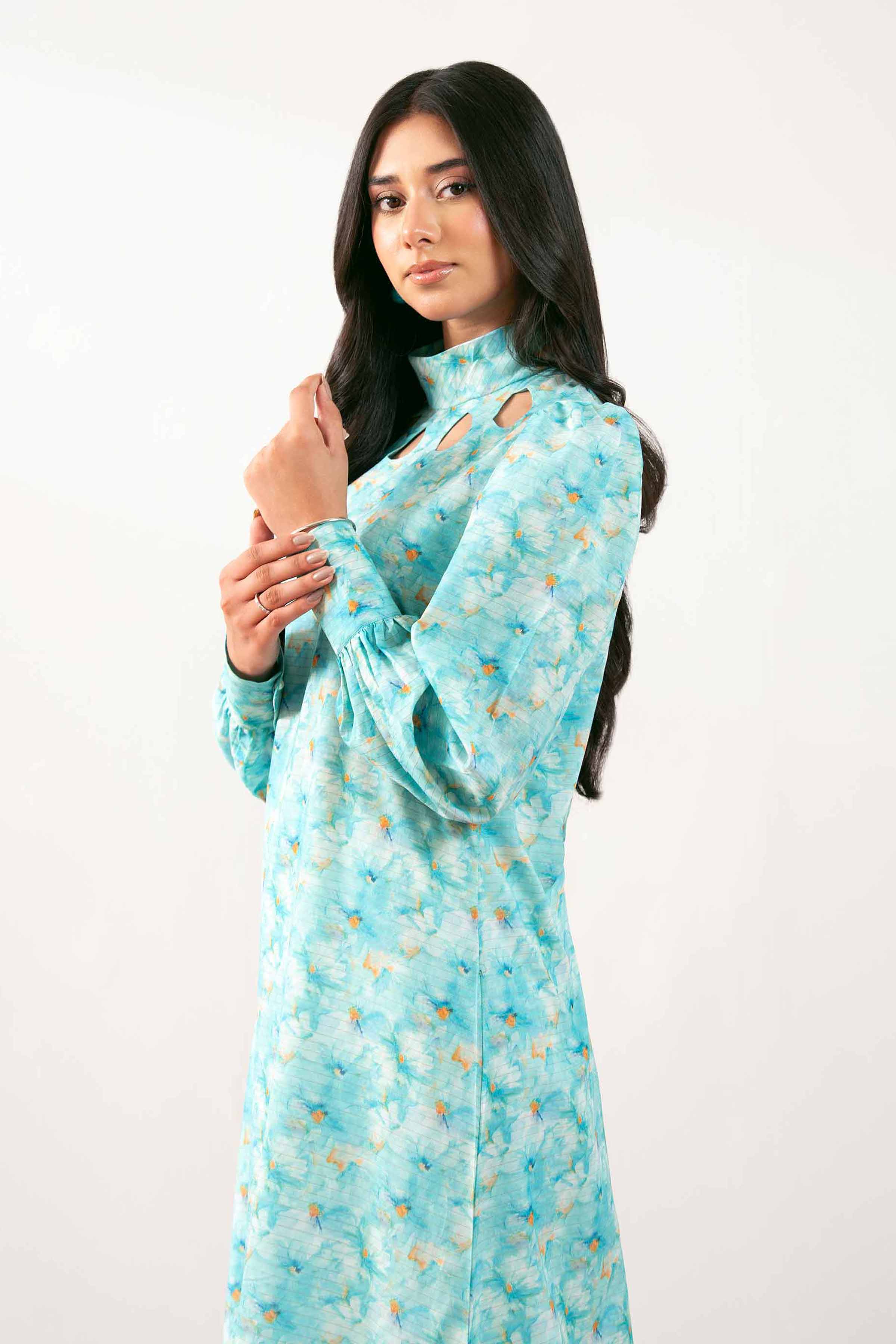 NISHATUAE - Blue Printed Lawn Ready to wear Jalabiya