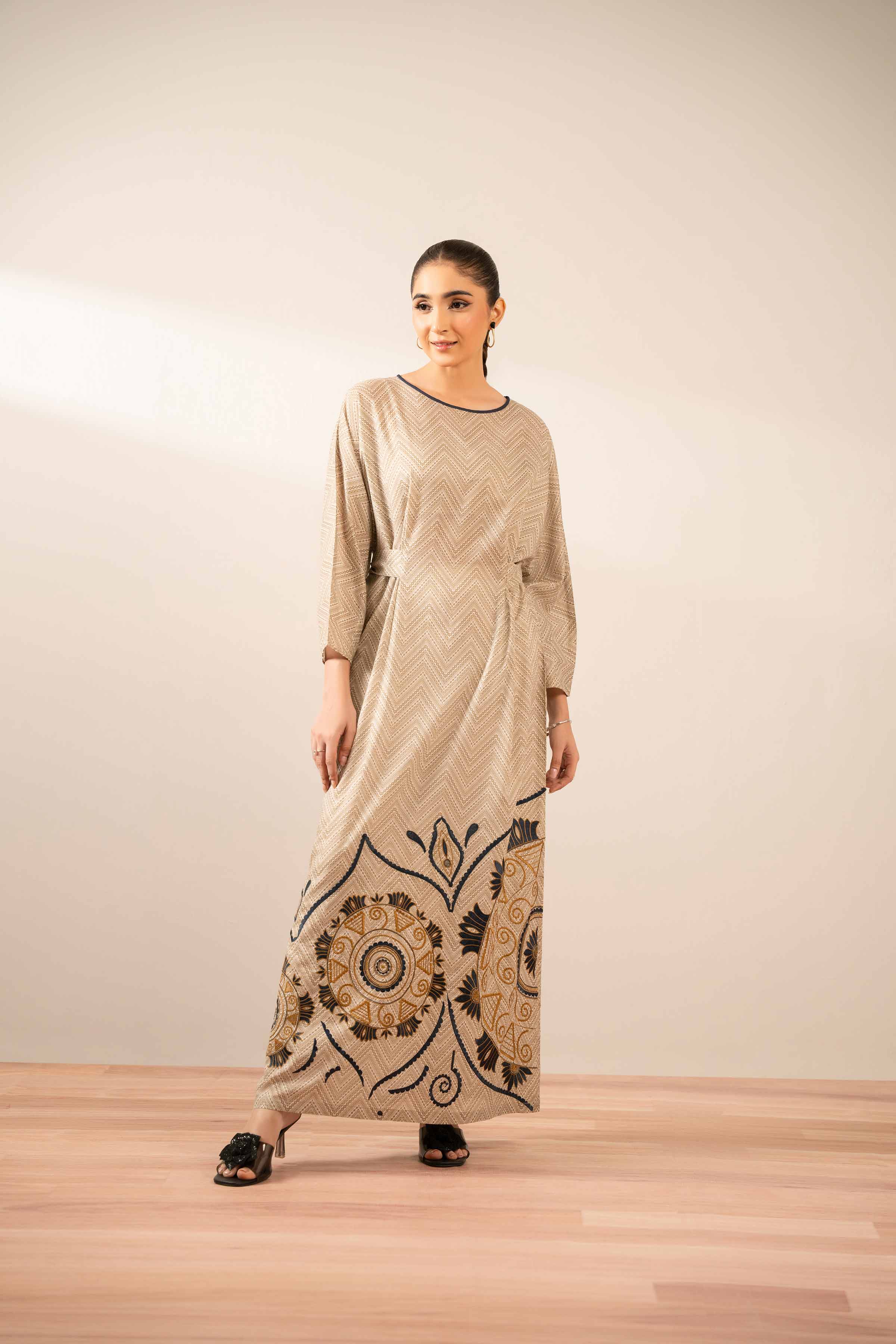 NISHATUAE - Beige Embroidered Lawn Ready to wear Jalabiya