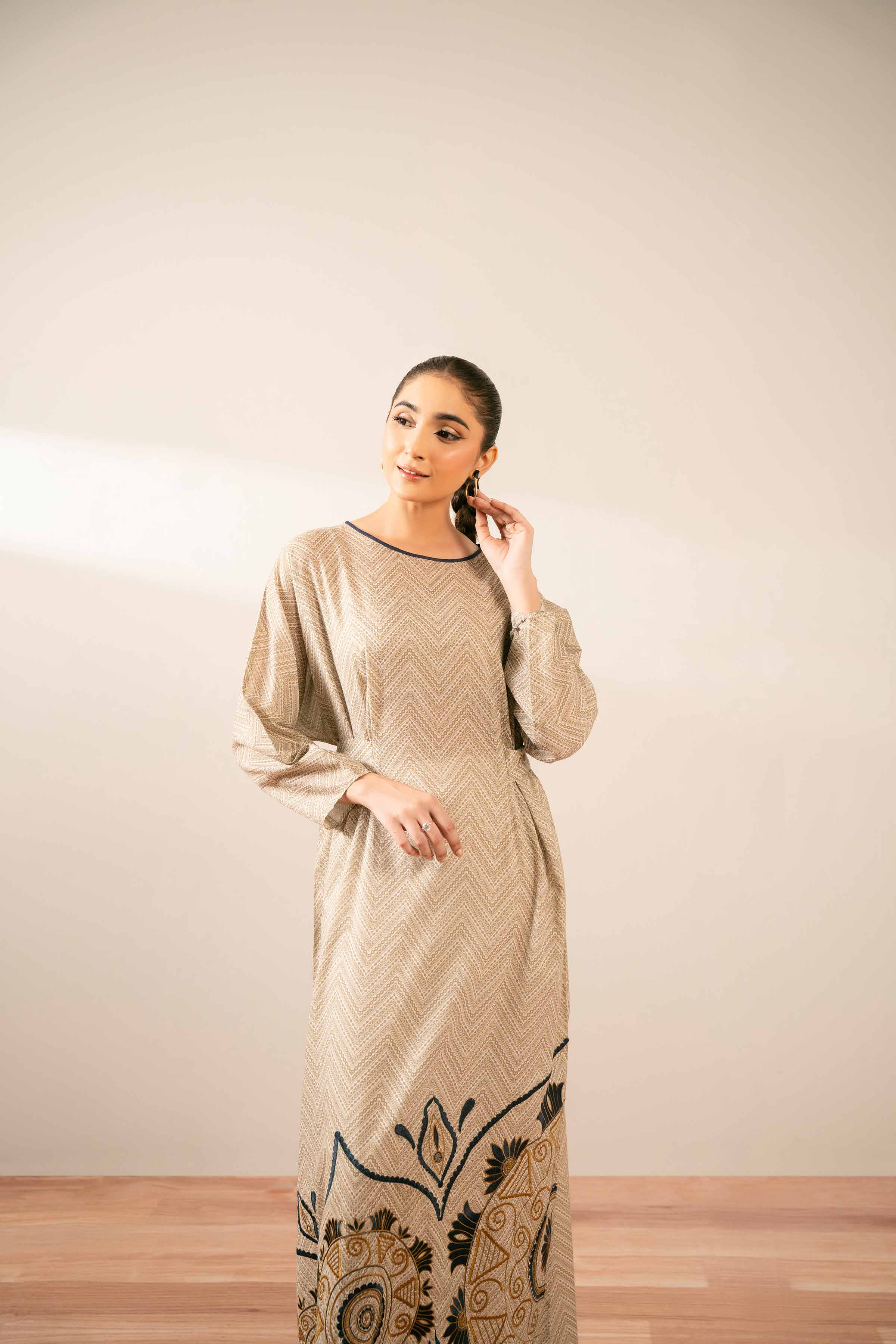 NISHATUAE - Beige Embroidered Lawn Ready to wear Jalabiya