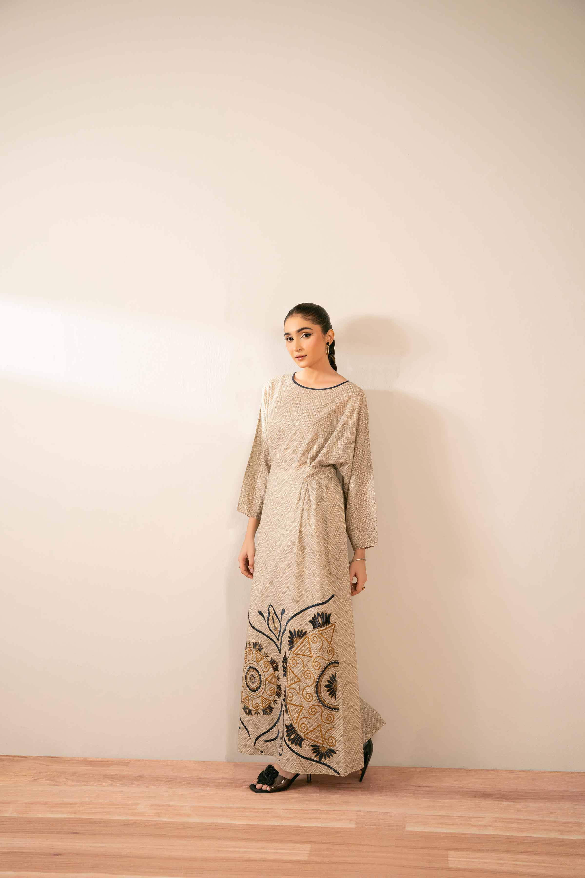 NISHATUAE - Beige Embroidered Lawn Ready to wear Jalabiya