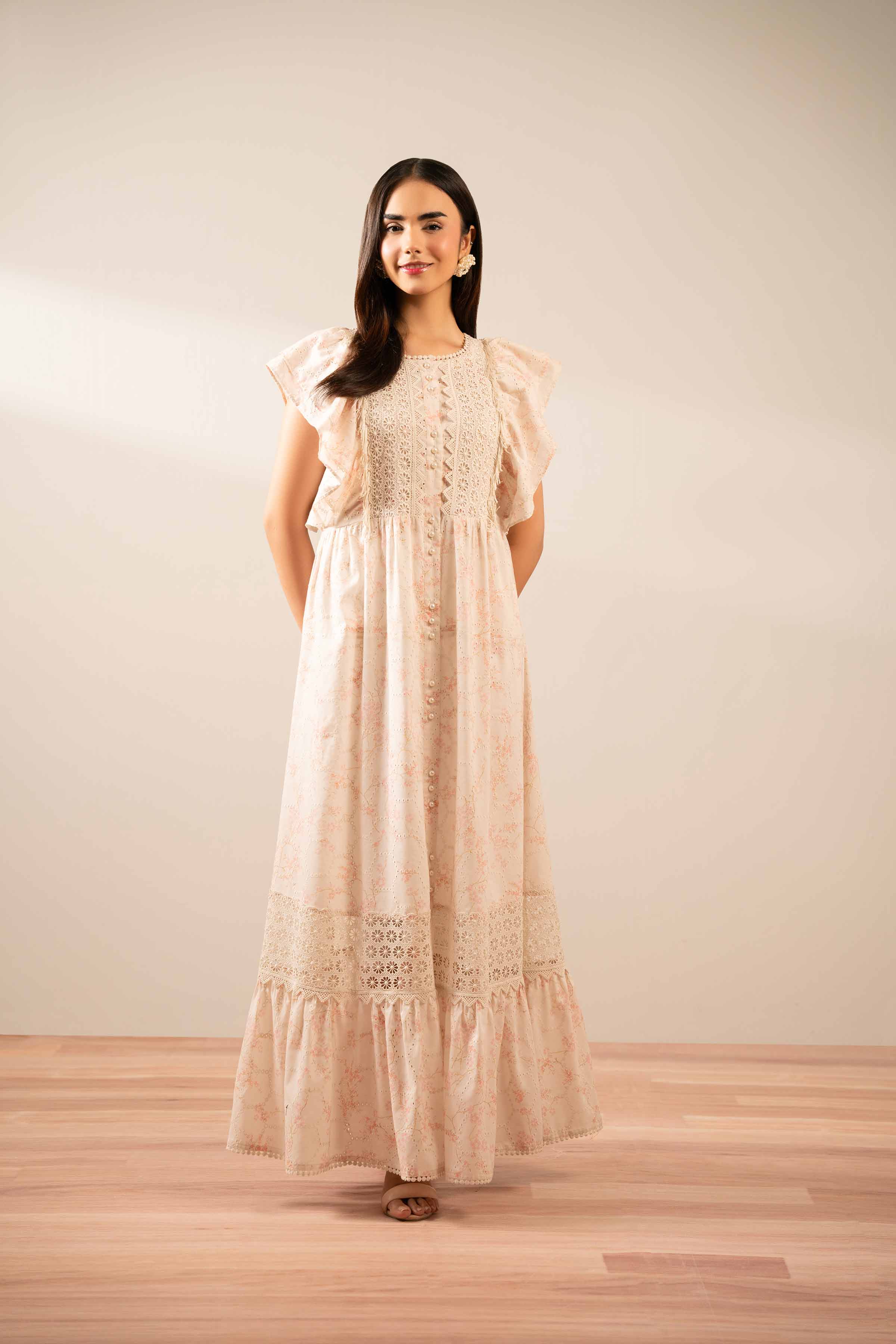 NISHATUAE - Pink Printed Chicken Kari Ready to wear Jalabiya