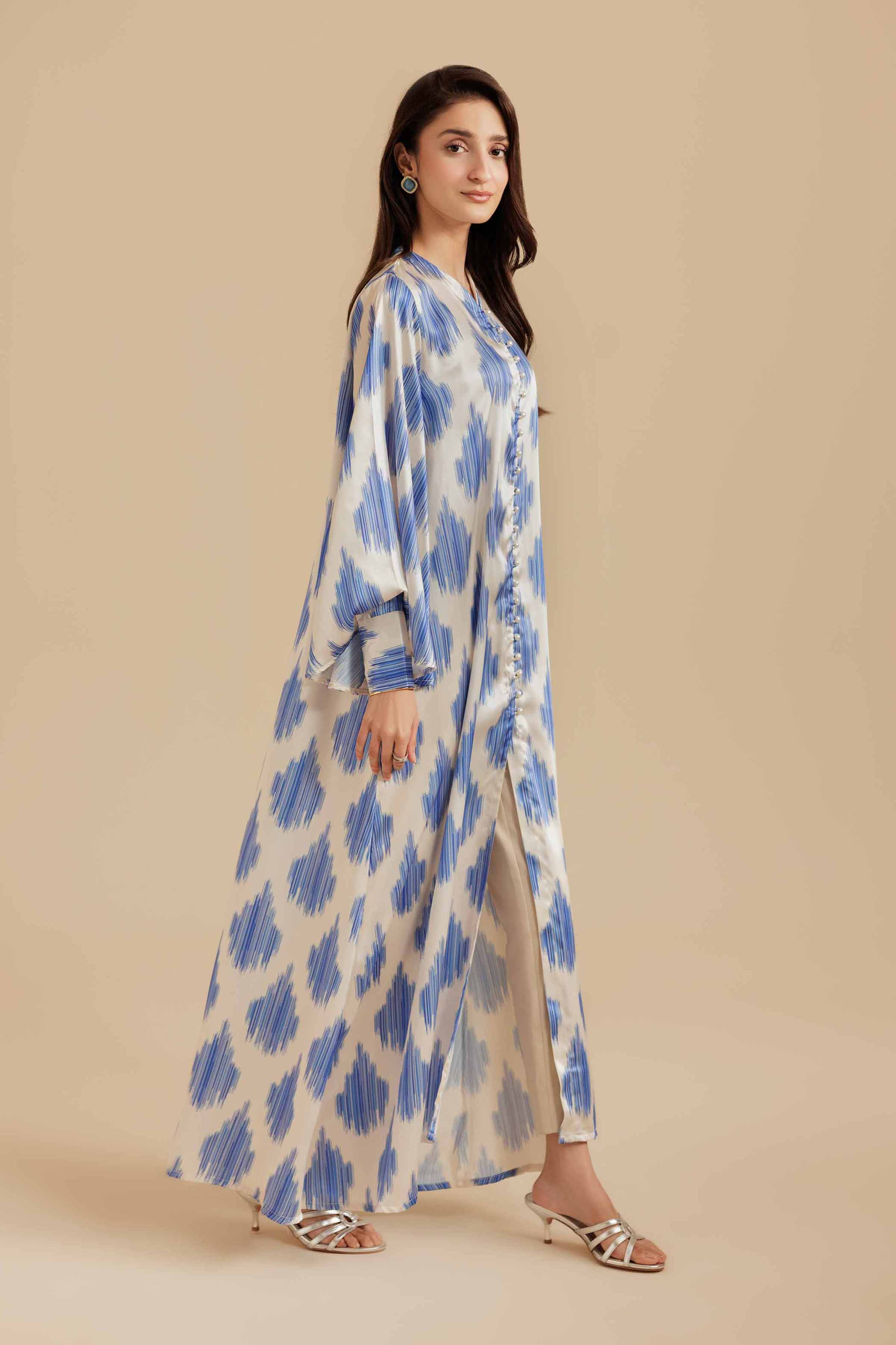 NISHATUAE - Blue & White Printed Silk Ready to wear Jalabiya