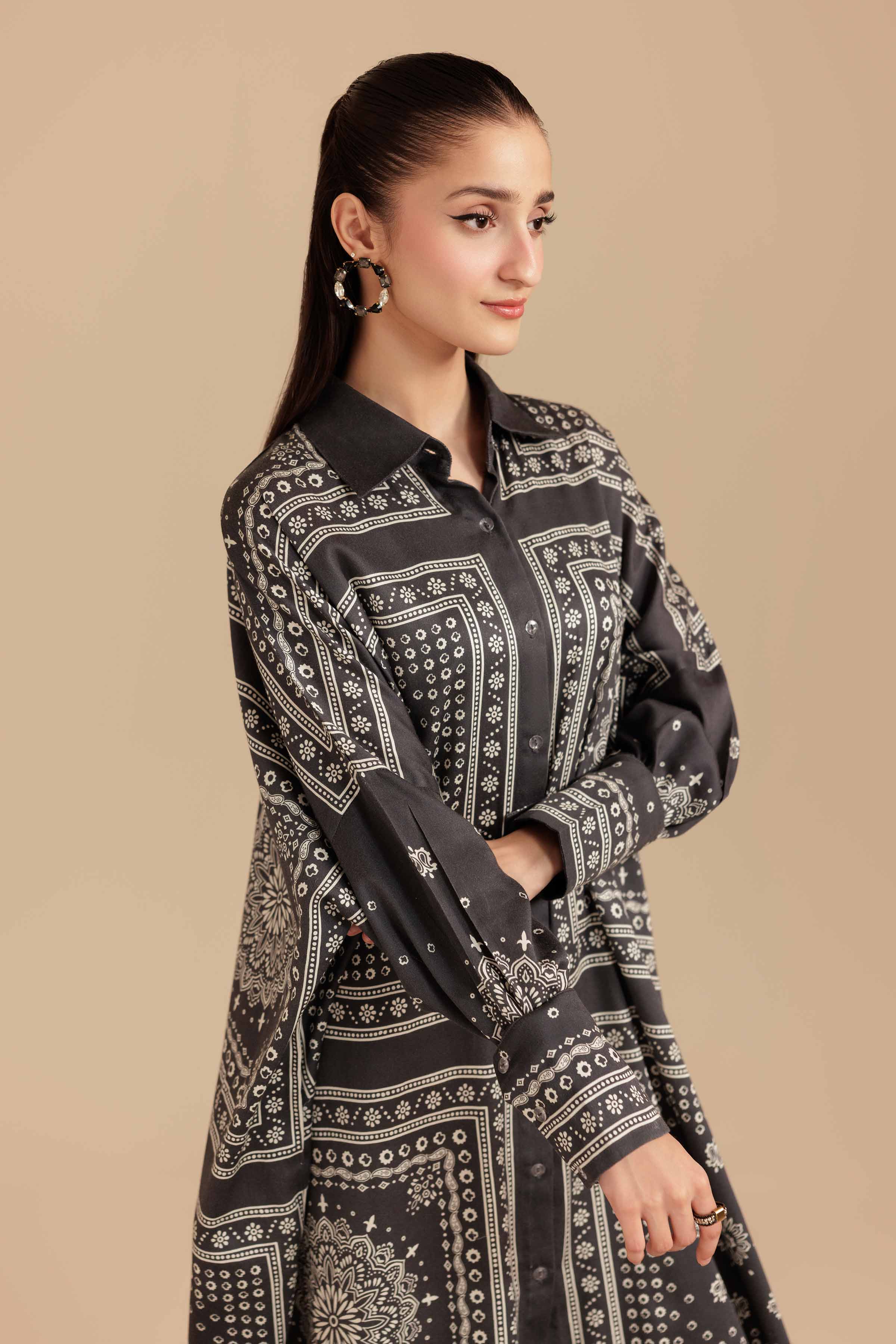 NISHATUAE - Brown Printed Satin Ready to wear Shirt