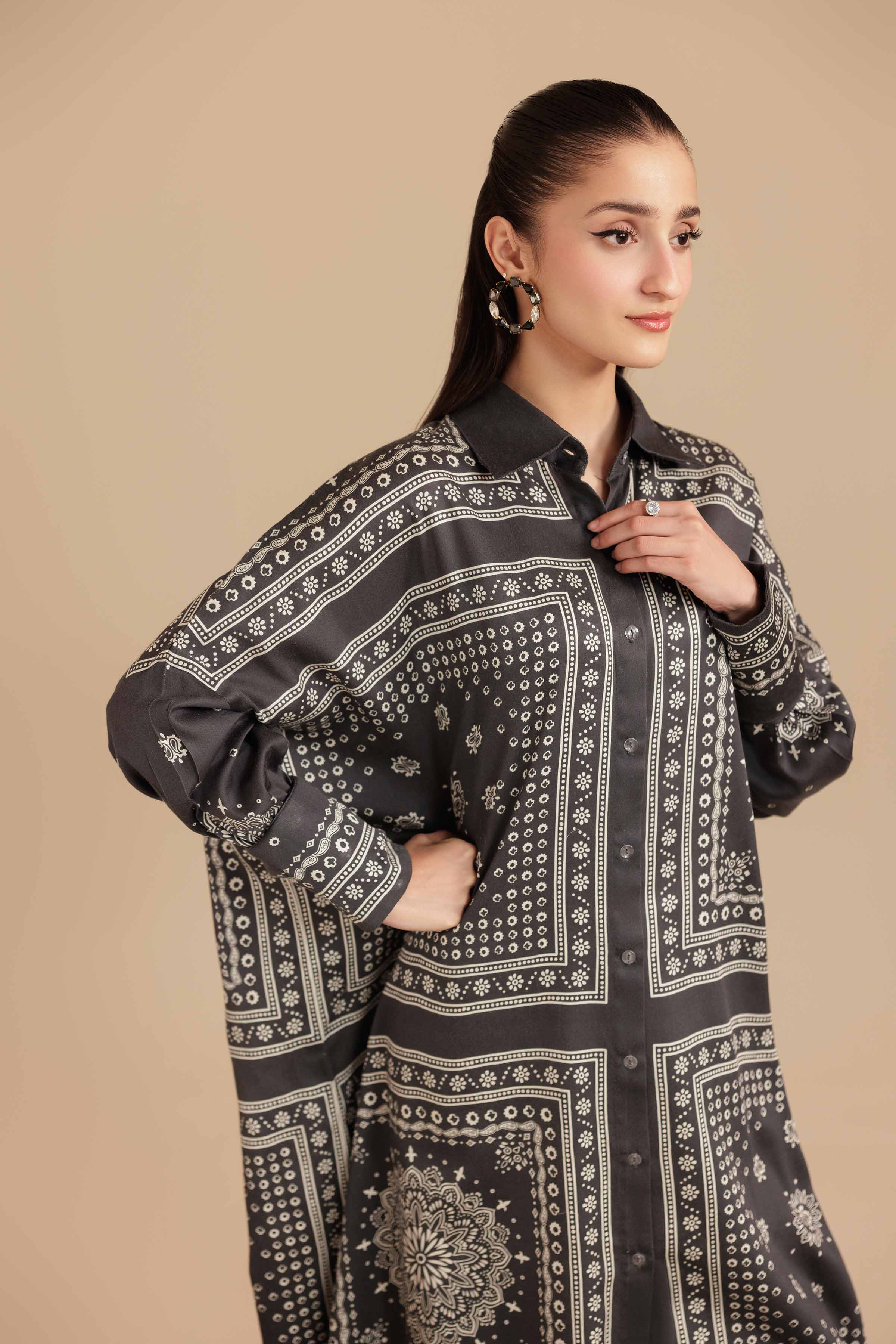 NISHATUAE - Brown Printed Satin Ready to wear Shirt