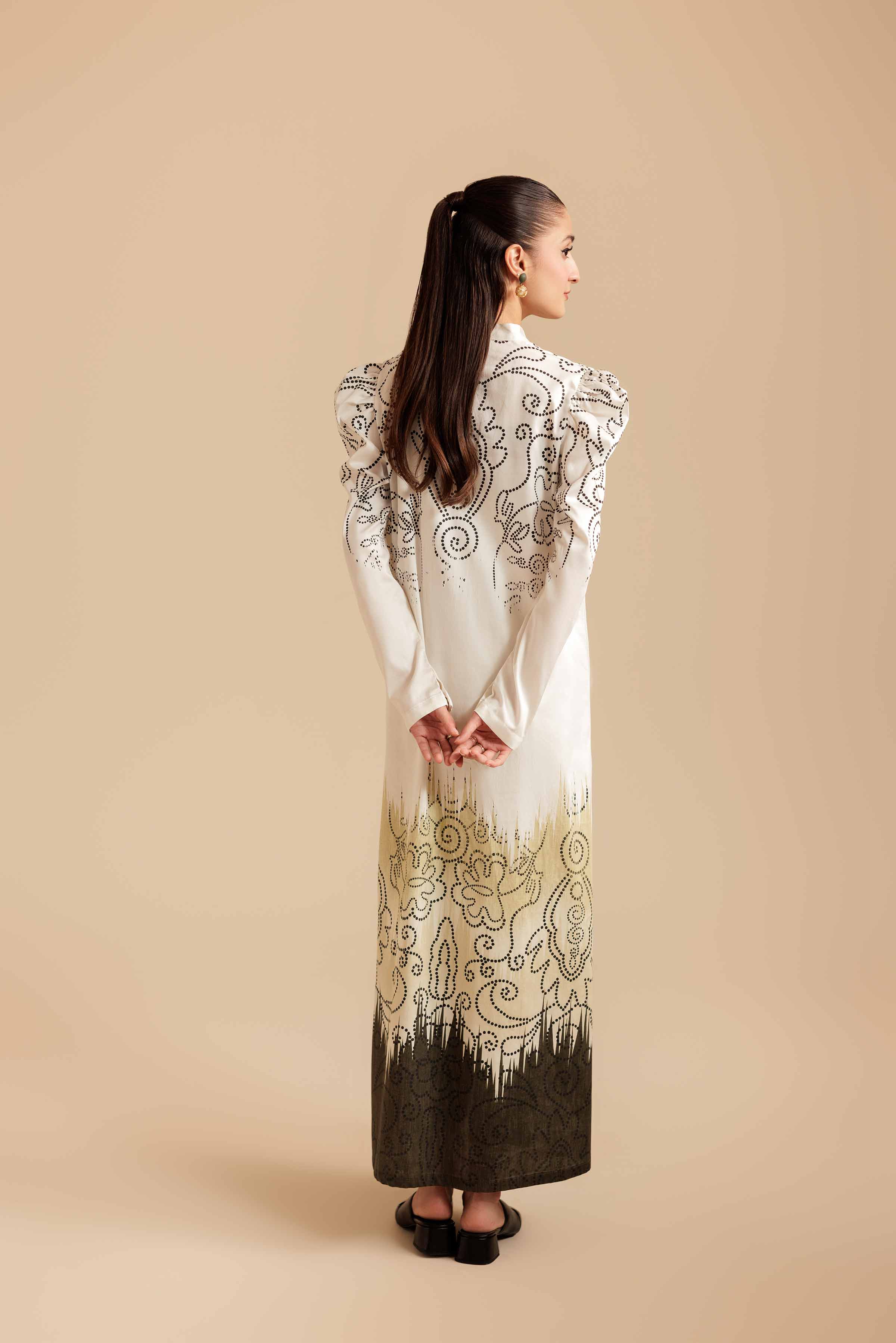 NISHATUAE - Beige Printed Satin Ready to wear Jalabiya