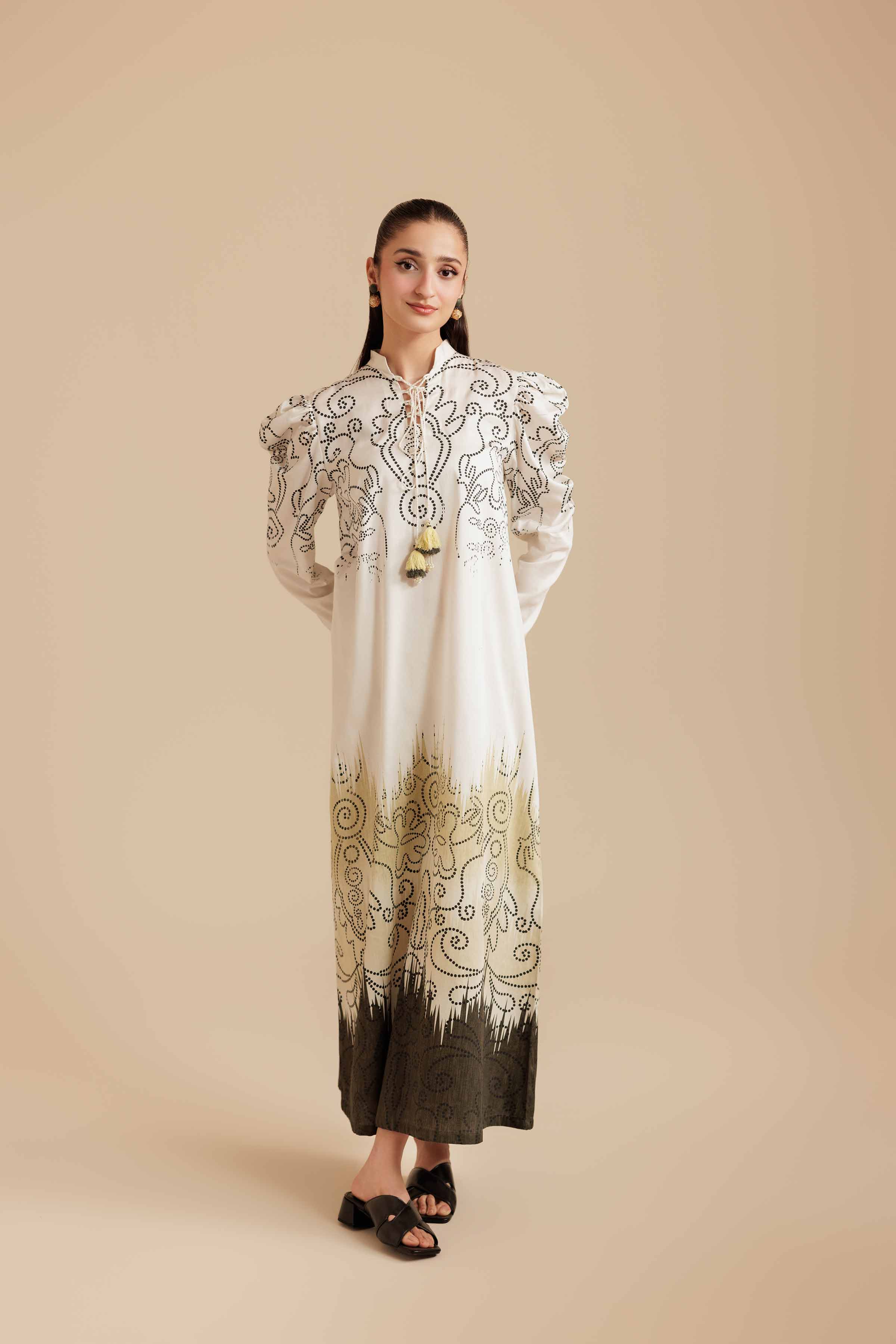 NISHATUAE - Beige Printed Satin Ready to wear Jalabiya