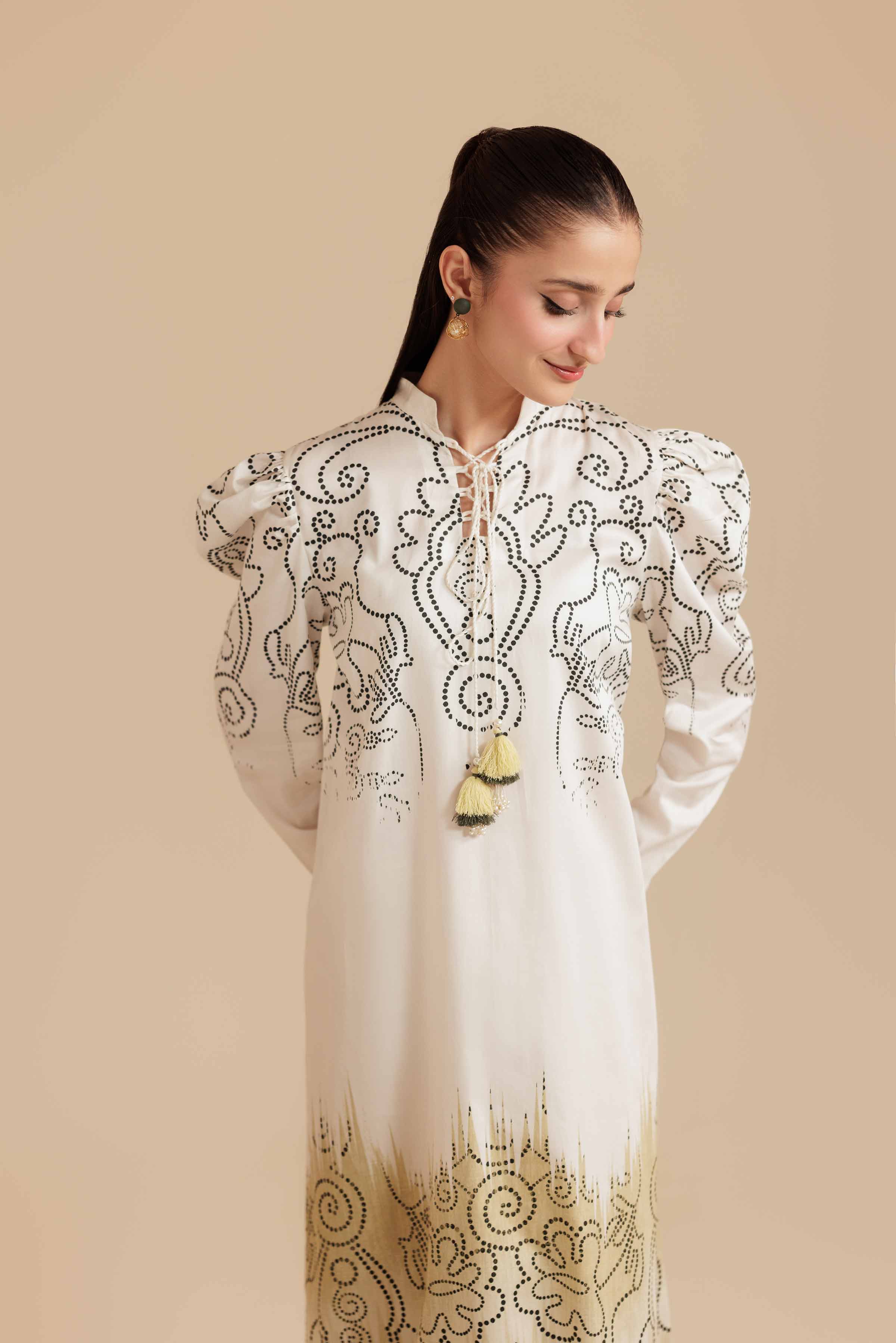 NISHATUAE - Beige Printed Satin Ready to wear Jalabiya