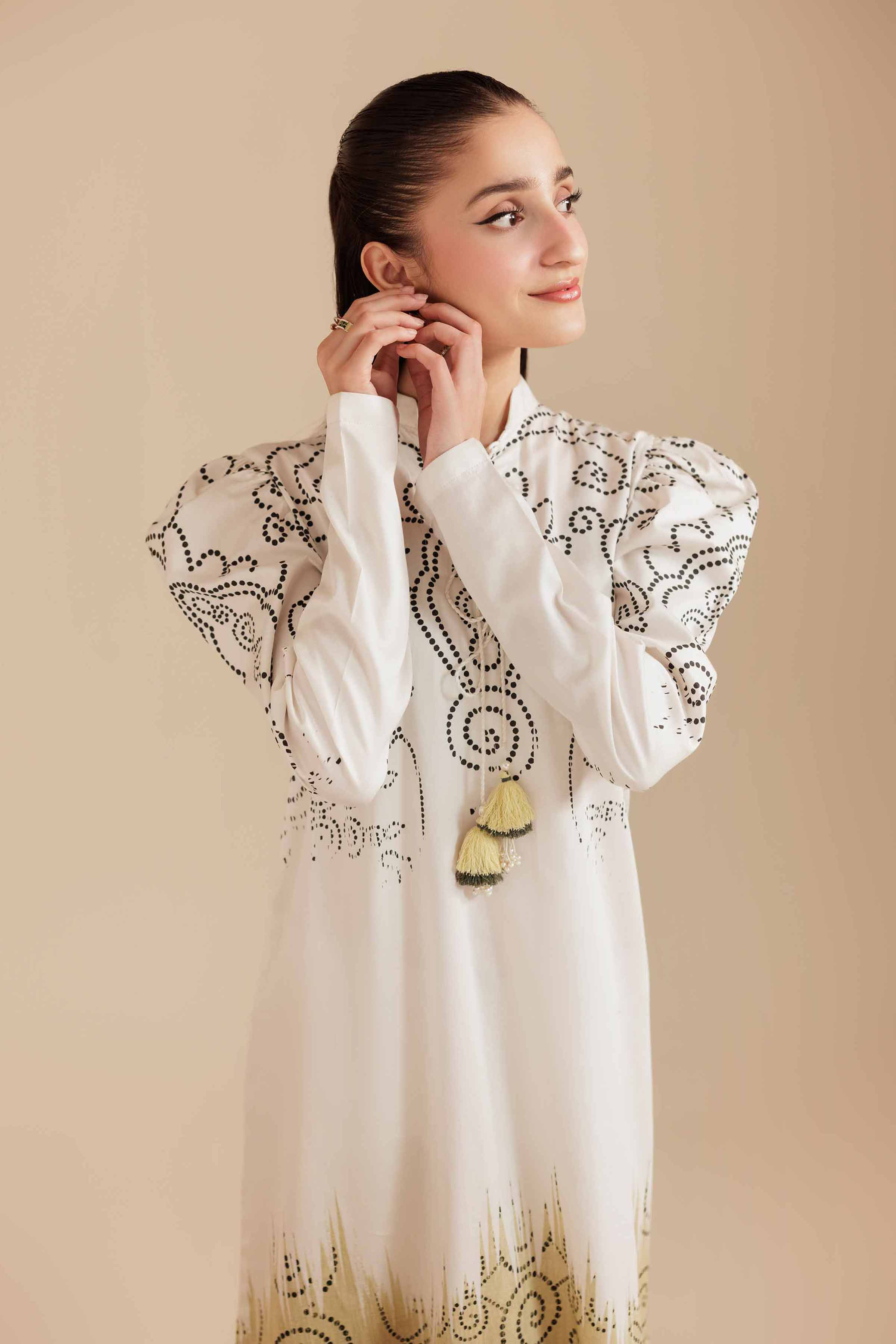 NISHATUAE - Beige Printed Satin Ready to wear Jalabiya