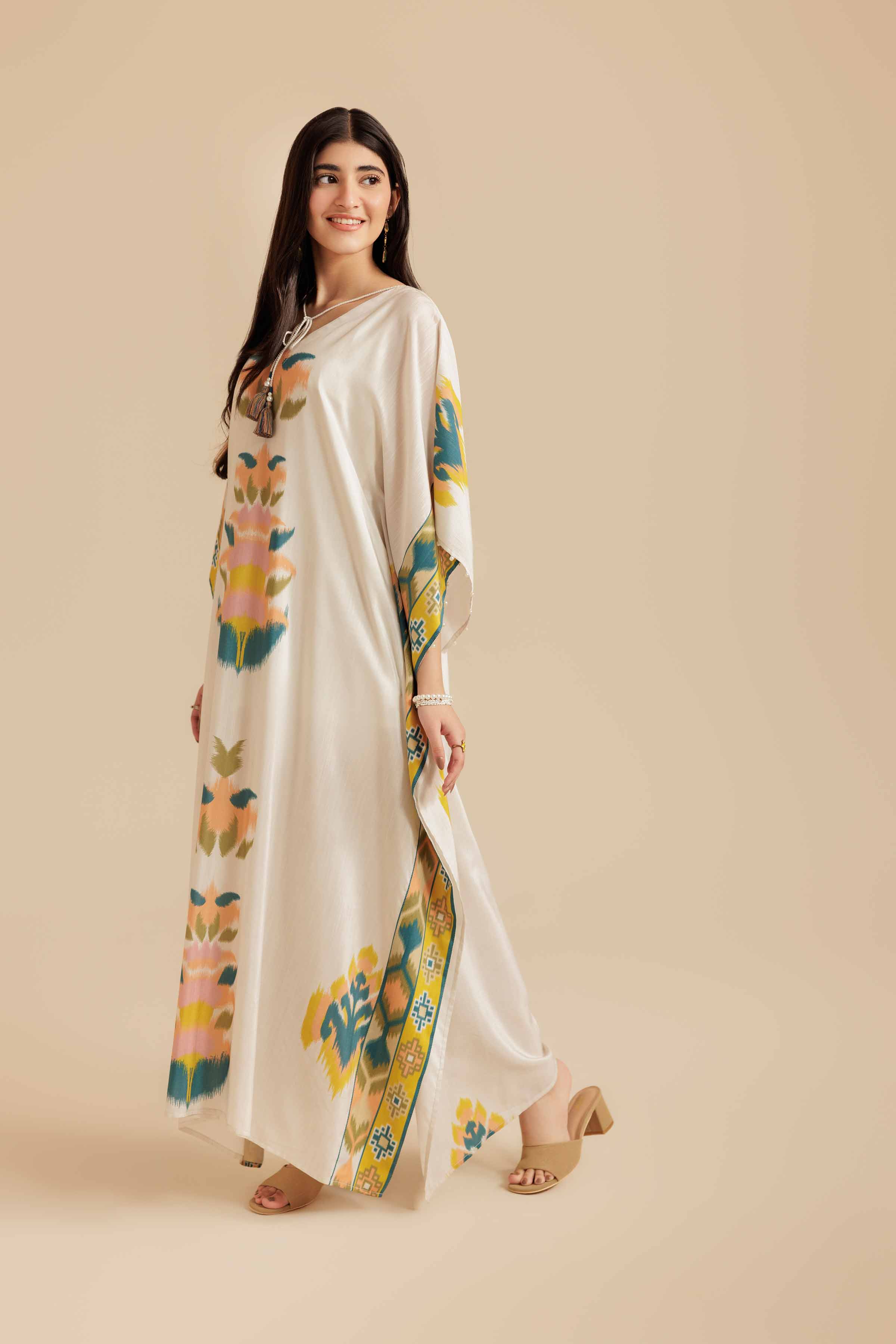 NISHATUAE - Beige Printed Silk Ready to wear Kaftan