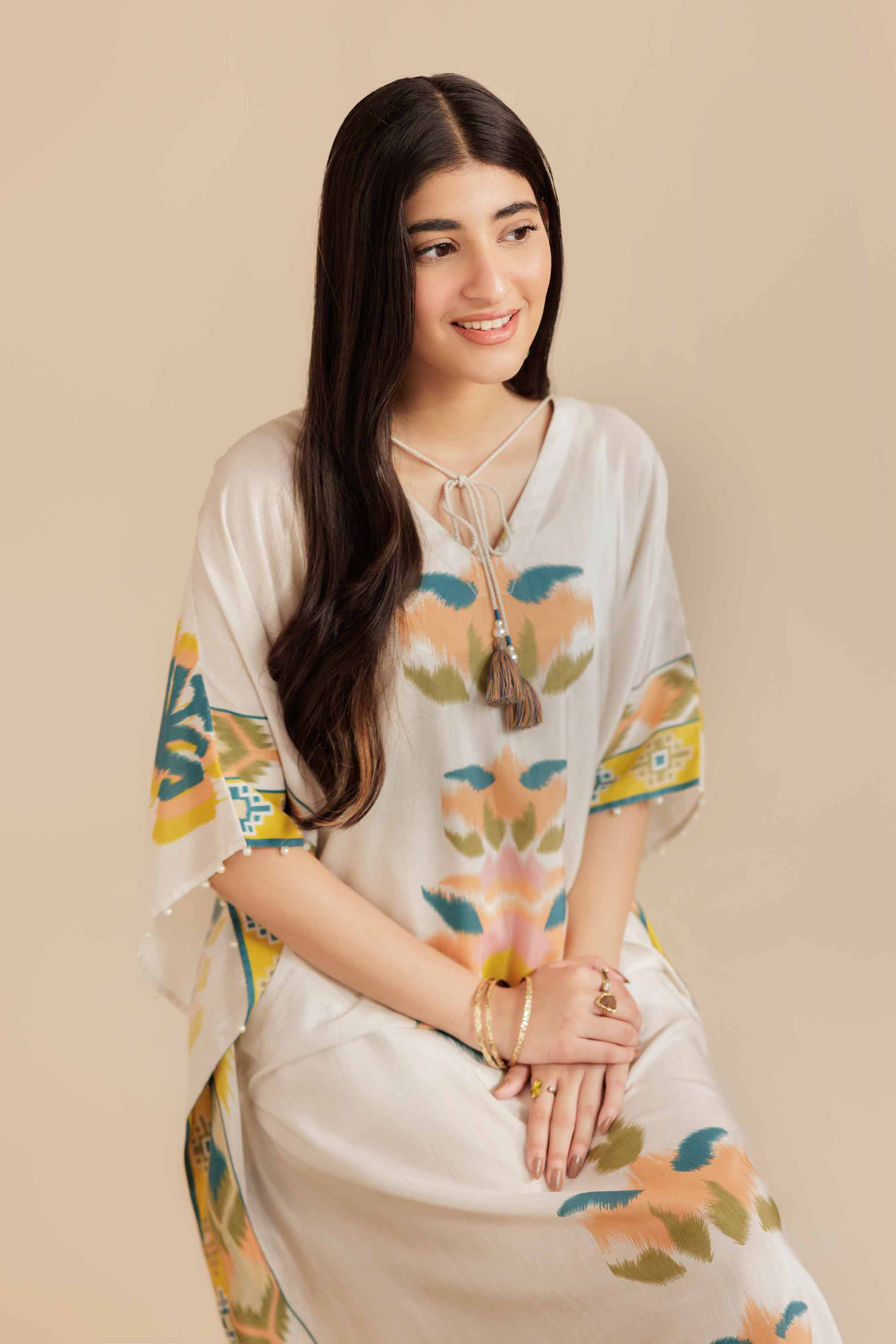 NISHATUAE - Beige Printed Silk Ready to wear Kaftan
