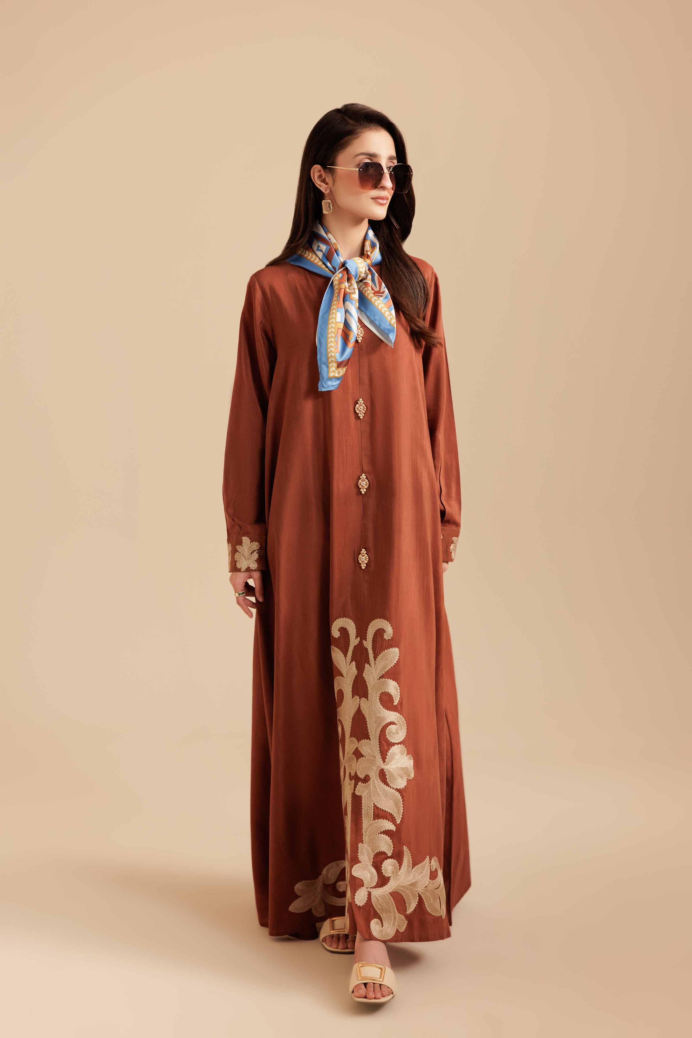 NISHATUAE - Brown Embroidered Silk 2-piece Ready to wear Dress