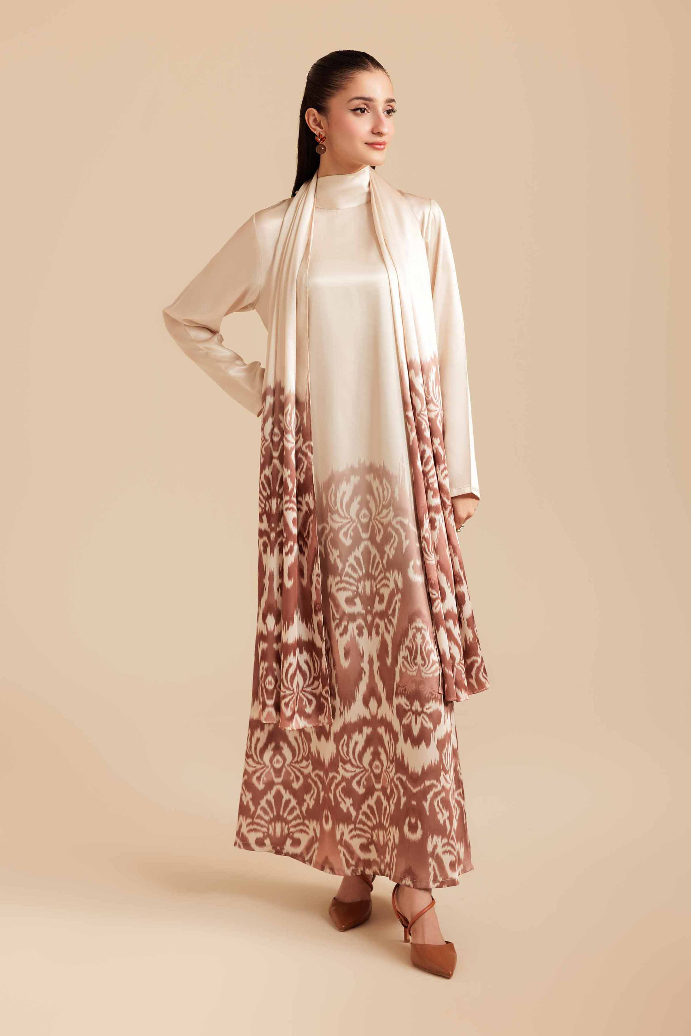 NISHATUAE - Brown Printed Silk 2-piece Ready to wear Dress