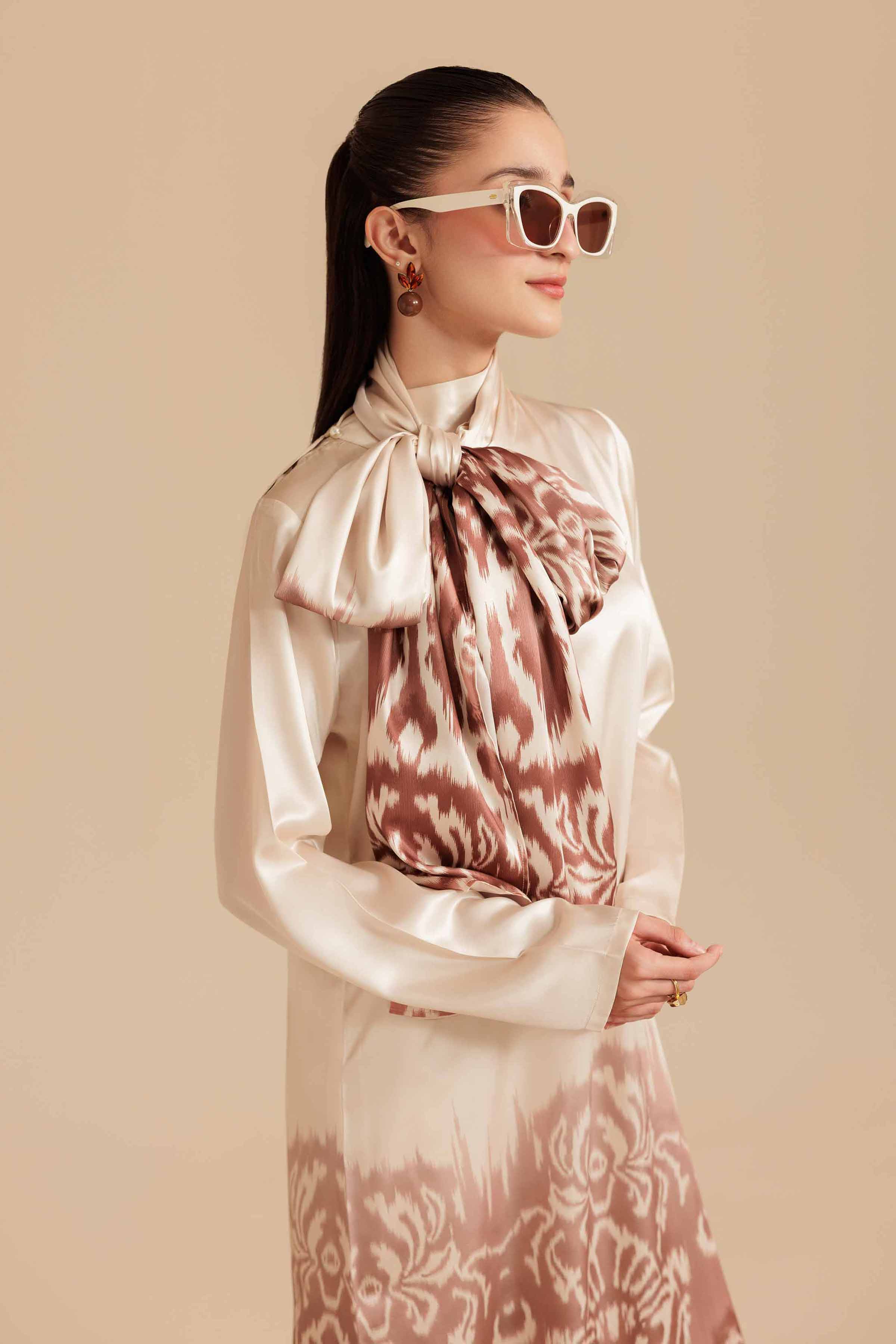 NISHATUAE - Brown Printed Silk 2-piece Ready to wear Dress