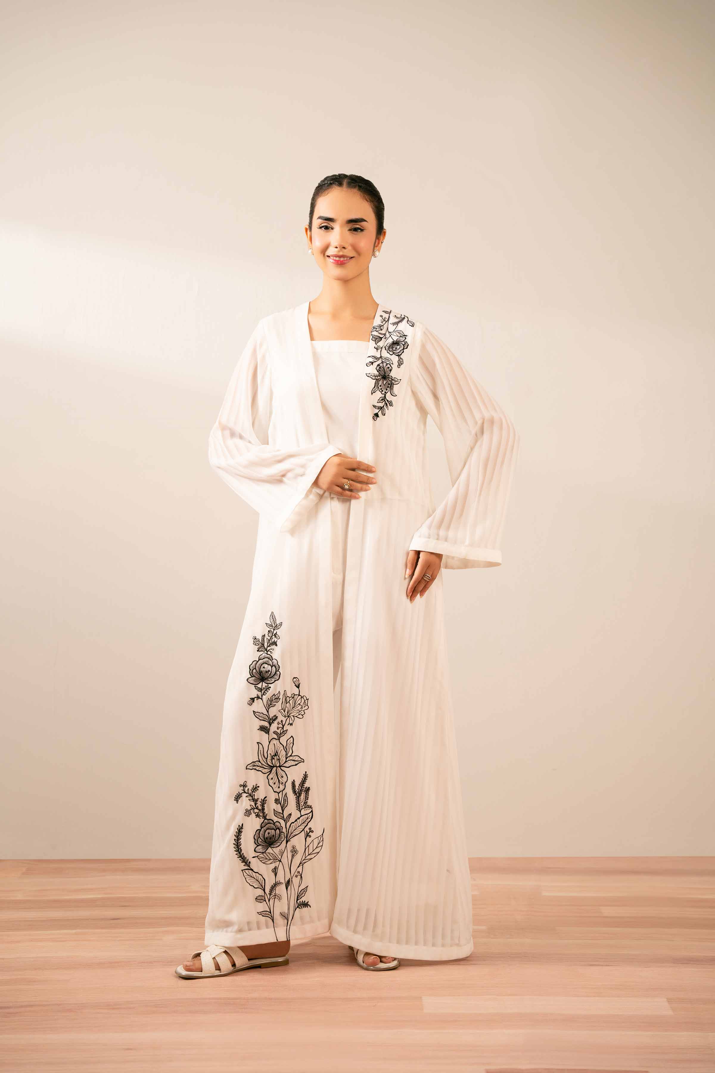 NISHATUAE - White Embroidered Chiffon 3-piece Ready to wear Suit