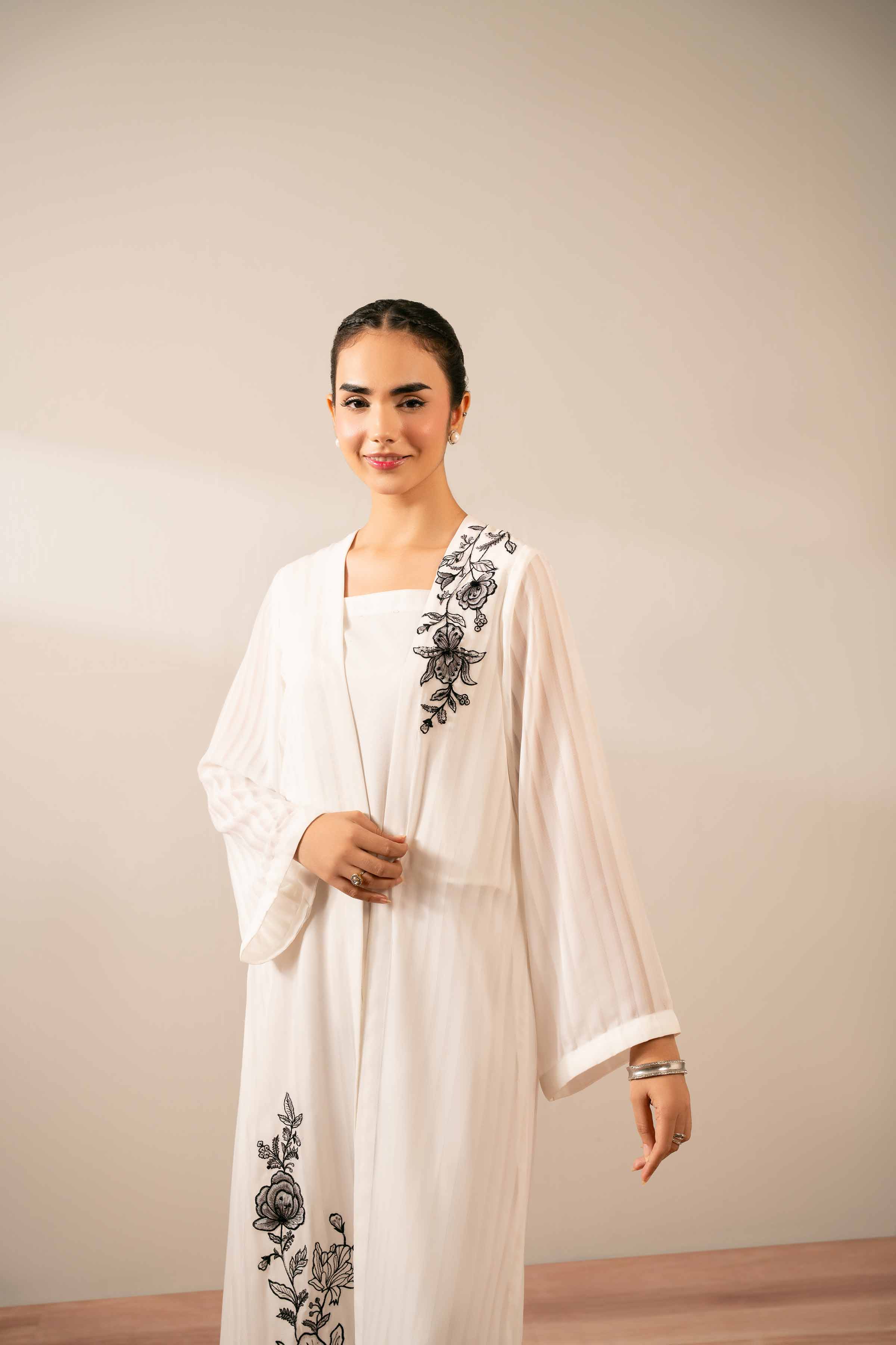 NISHATUAE - White Embroidered Chiffon 3-piece Ready to wear Suit