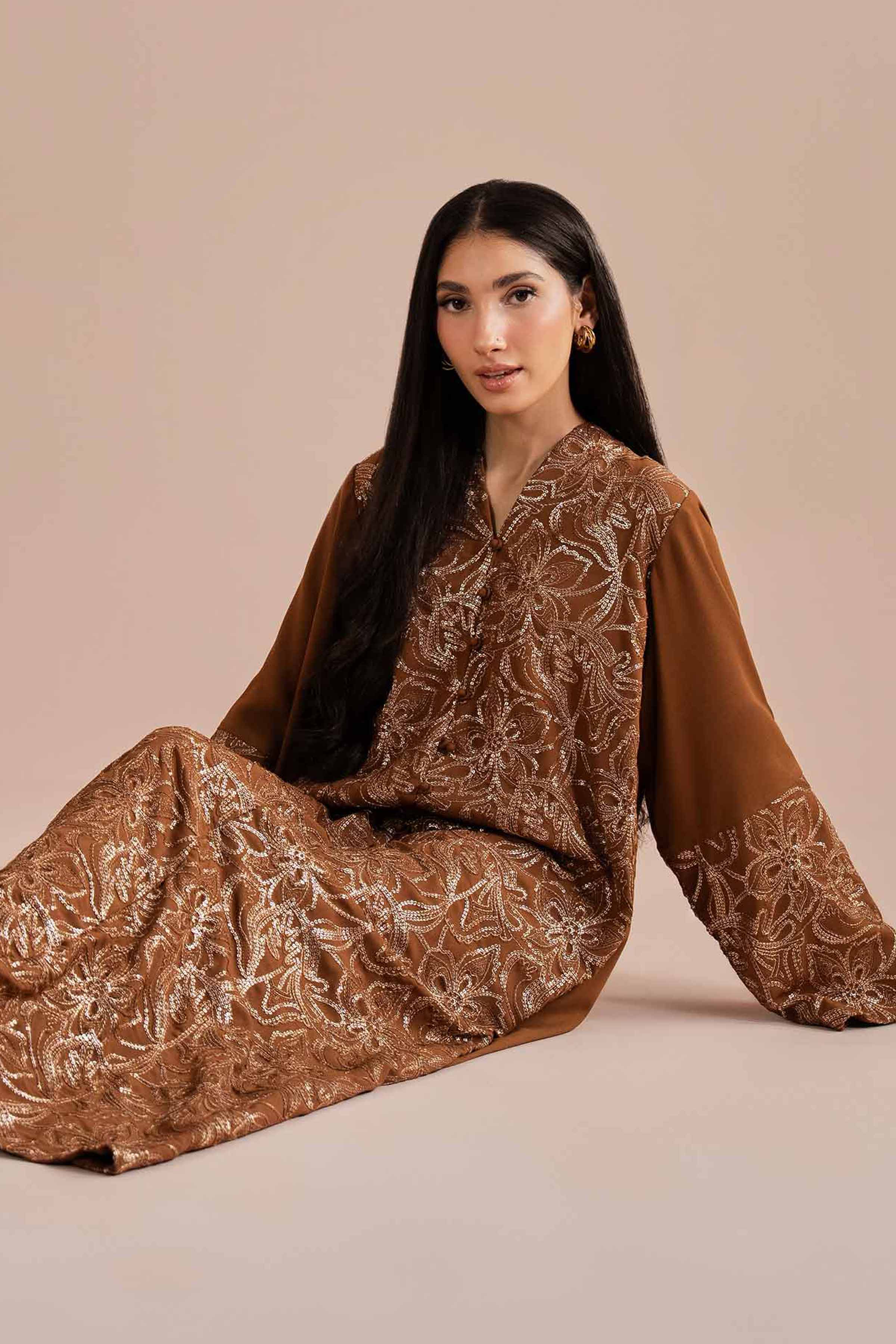 Embroidered Dress - FS26-05 Brown Georgette 1PC Embroidered READY TO WEAR