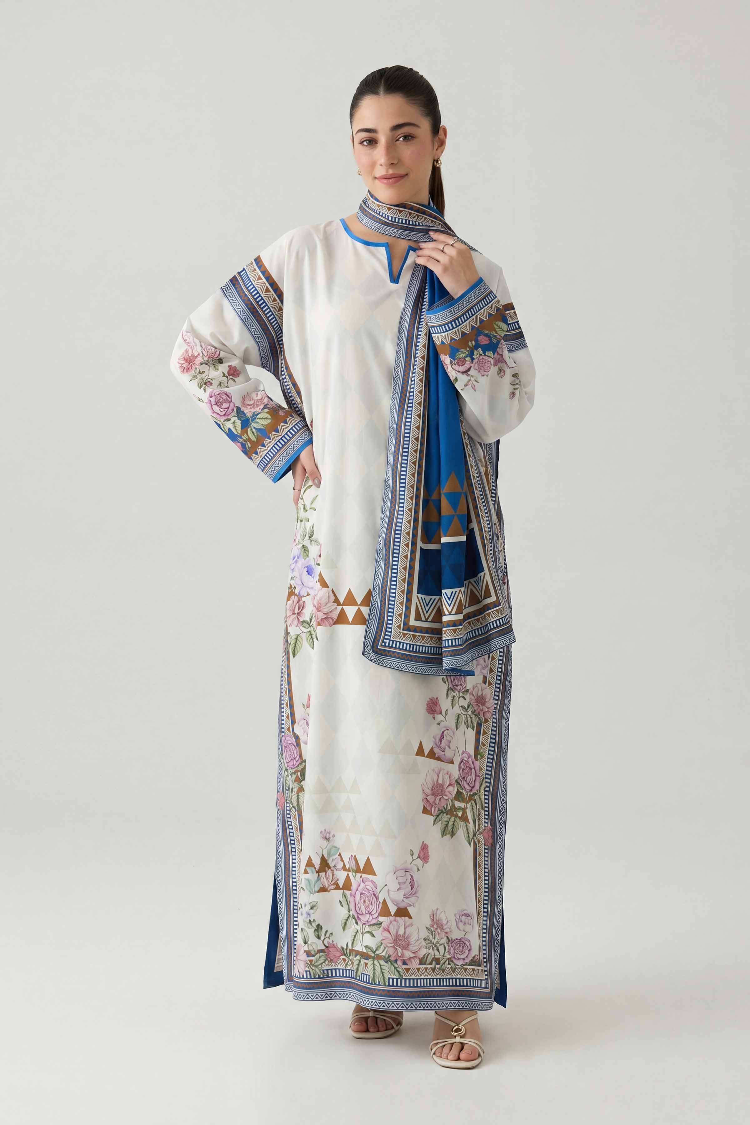 2 Piece - Printed Dress - FS26-17 Blue Silk 2PC Printed Ready To Wear