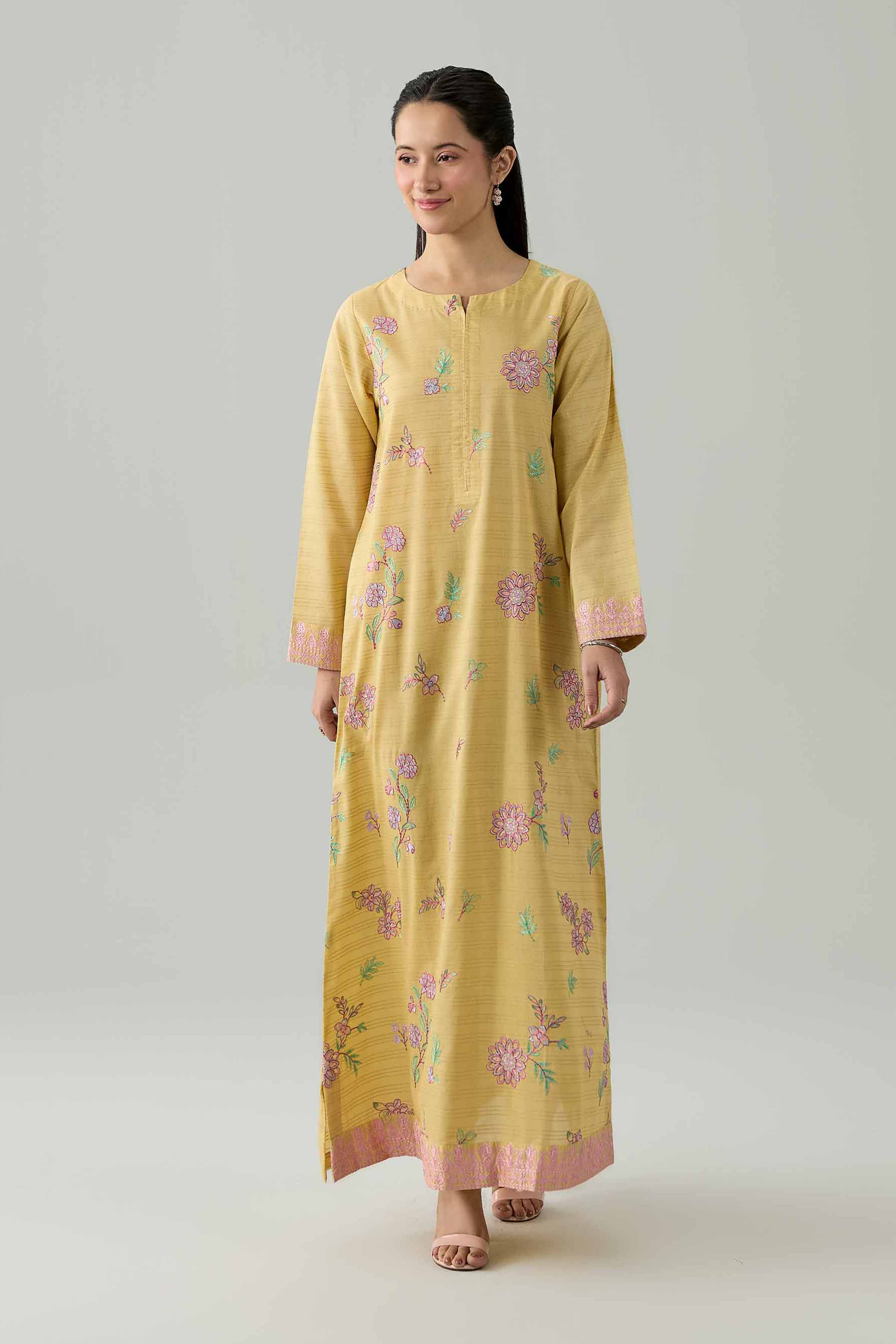 Embroidered Dress - FS26-20 Yellow Dobby 1PC Embroidered