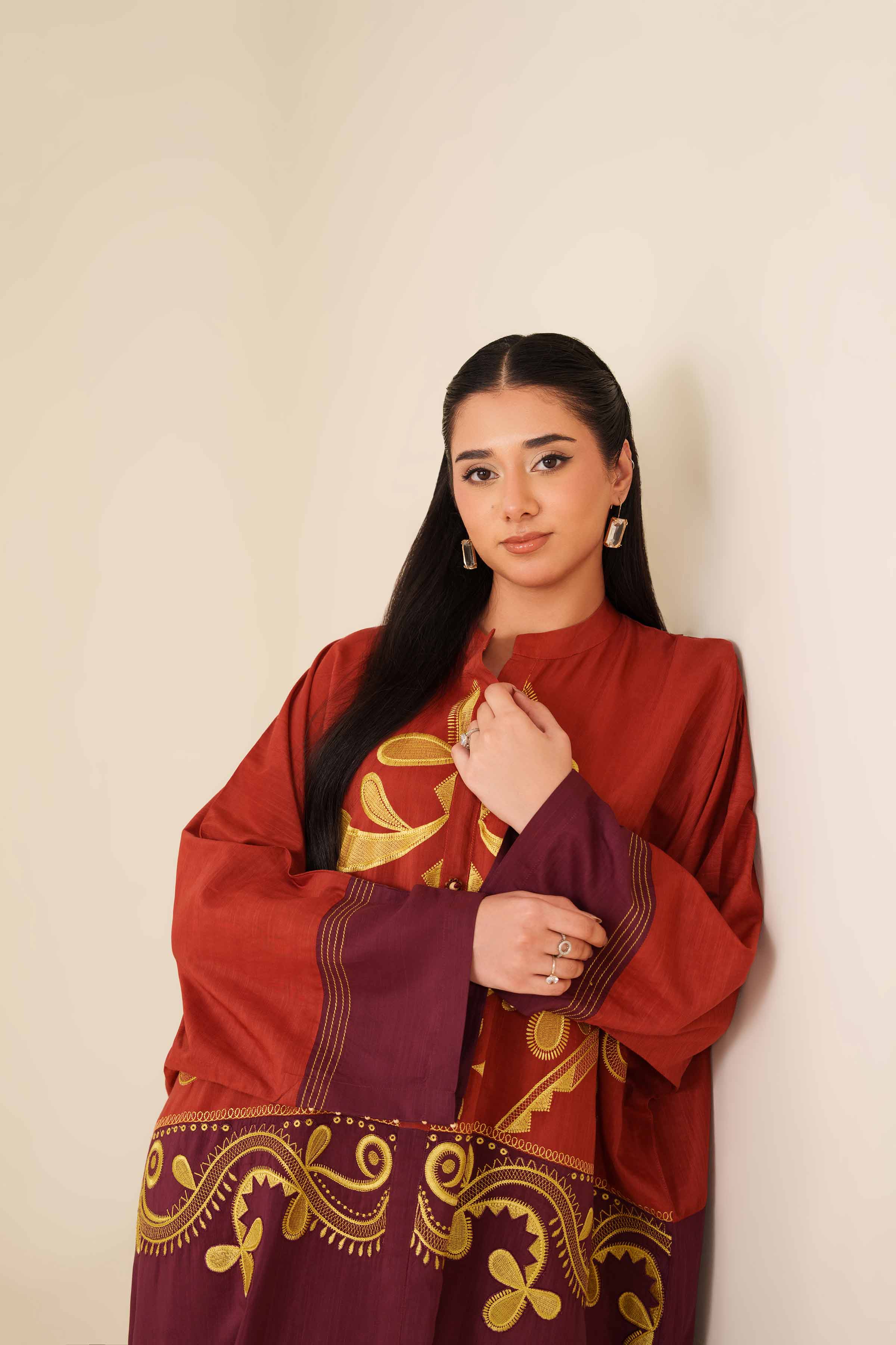 NishatUAE - Maroon Solid Silk Ready To Wear Dress
