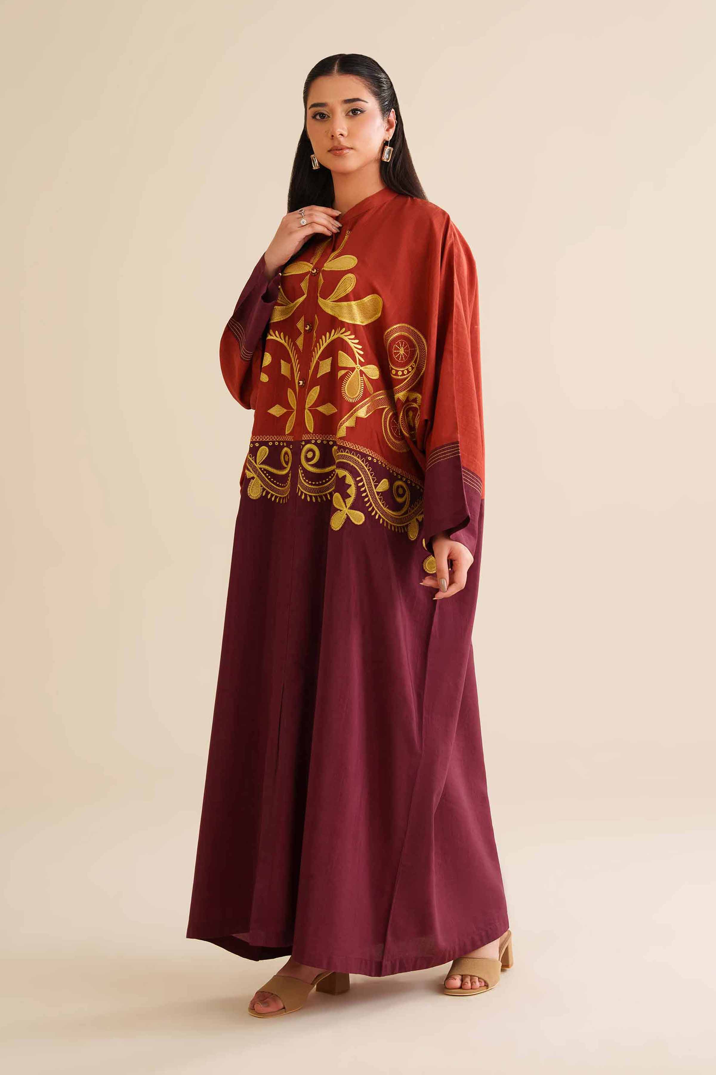 NishatUAE - Maroon Solid Silk Ready To Wear Dress