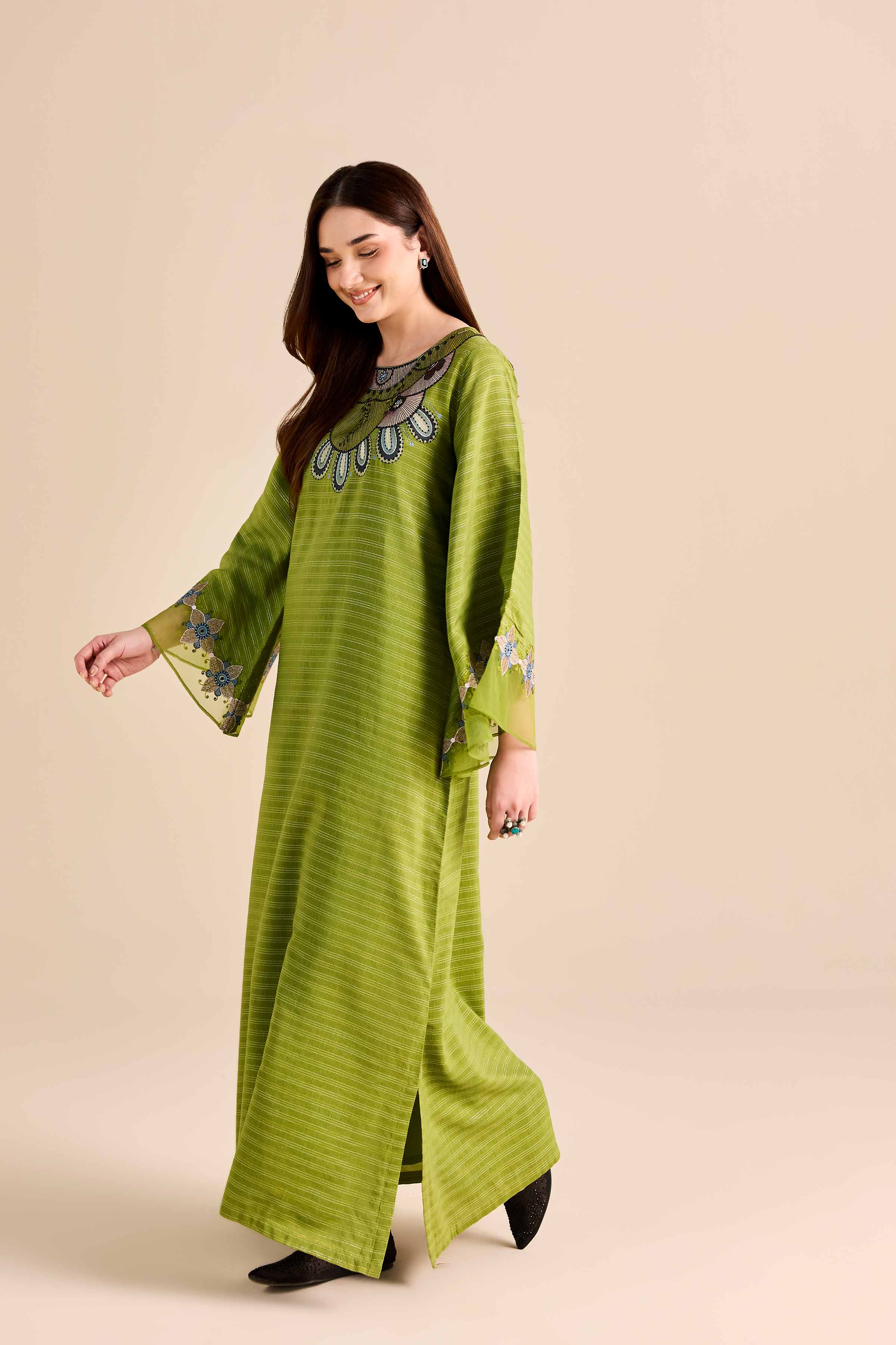 NishatUAE - Green Embroidered Fancy Stripe Ready to wear Shirt